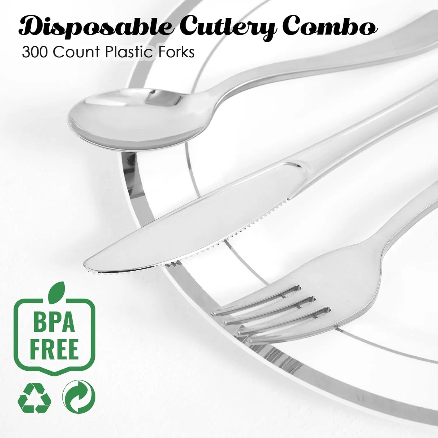 FOCUSLINE 300 Pack Disposable Silver Plastic Forks, Solid and Durable Plastic Cutlery Forks, Heavy Duty Disposable Utensil Silverware for Catering, Parties, Dinners, Weddings