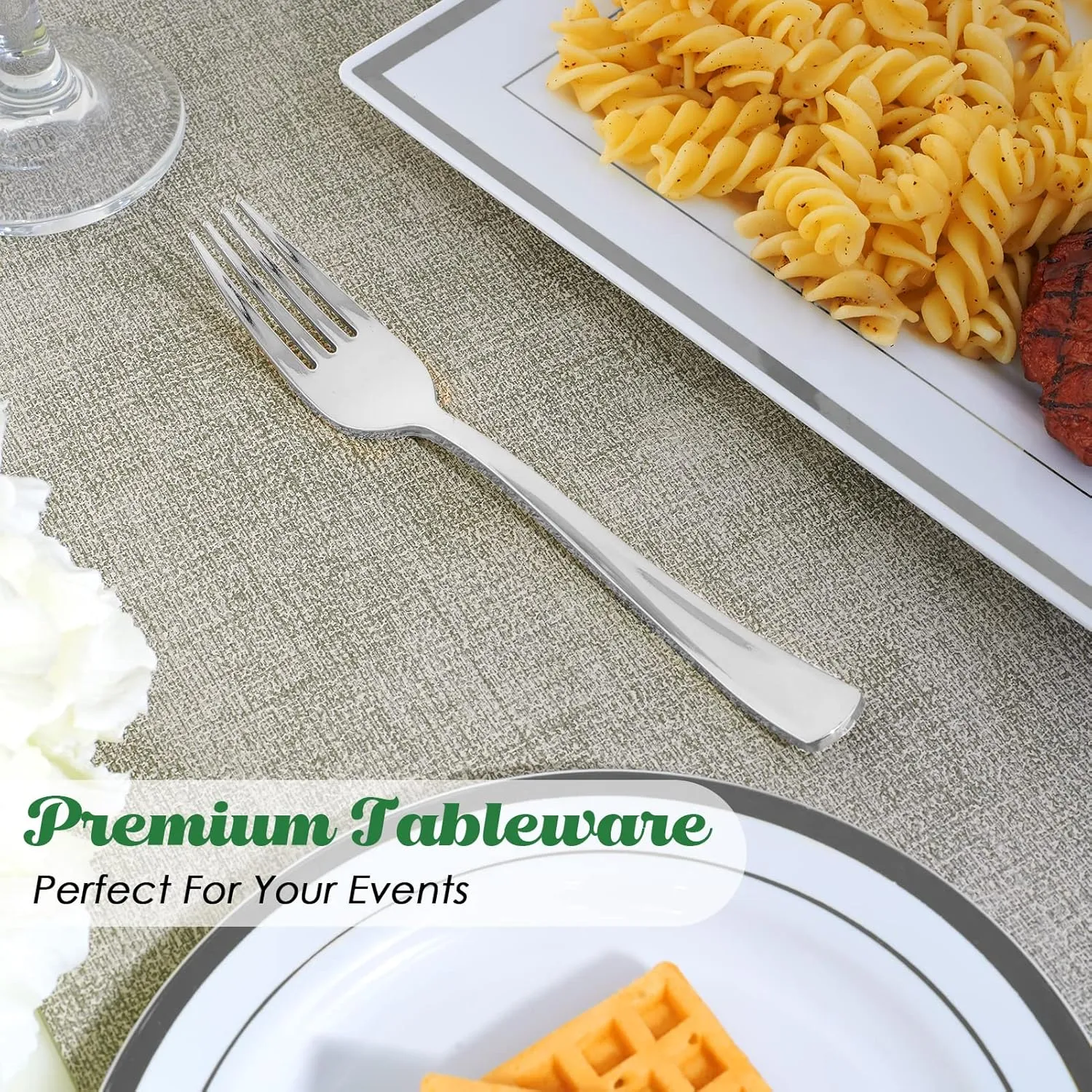 FOCUSLINE 300 Pack Disposable Silver Plastic Forks, Solid and Durable Plastic Cutlery Forks, Heavy Duty Disposable Utensil Silverware for Catering, Parties, Dinners, Weddings