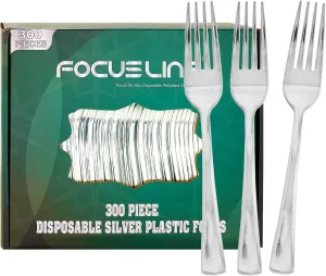 FOCUSLINE 300 Pack Disposable Silver Plastic Forks, Solid and Durable Plastic Cutlery Forks, Heavy Duty Disposable Utensil Silverware for Catering, Parties, Dinners, Weddings