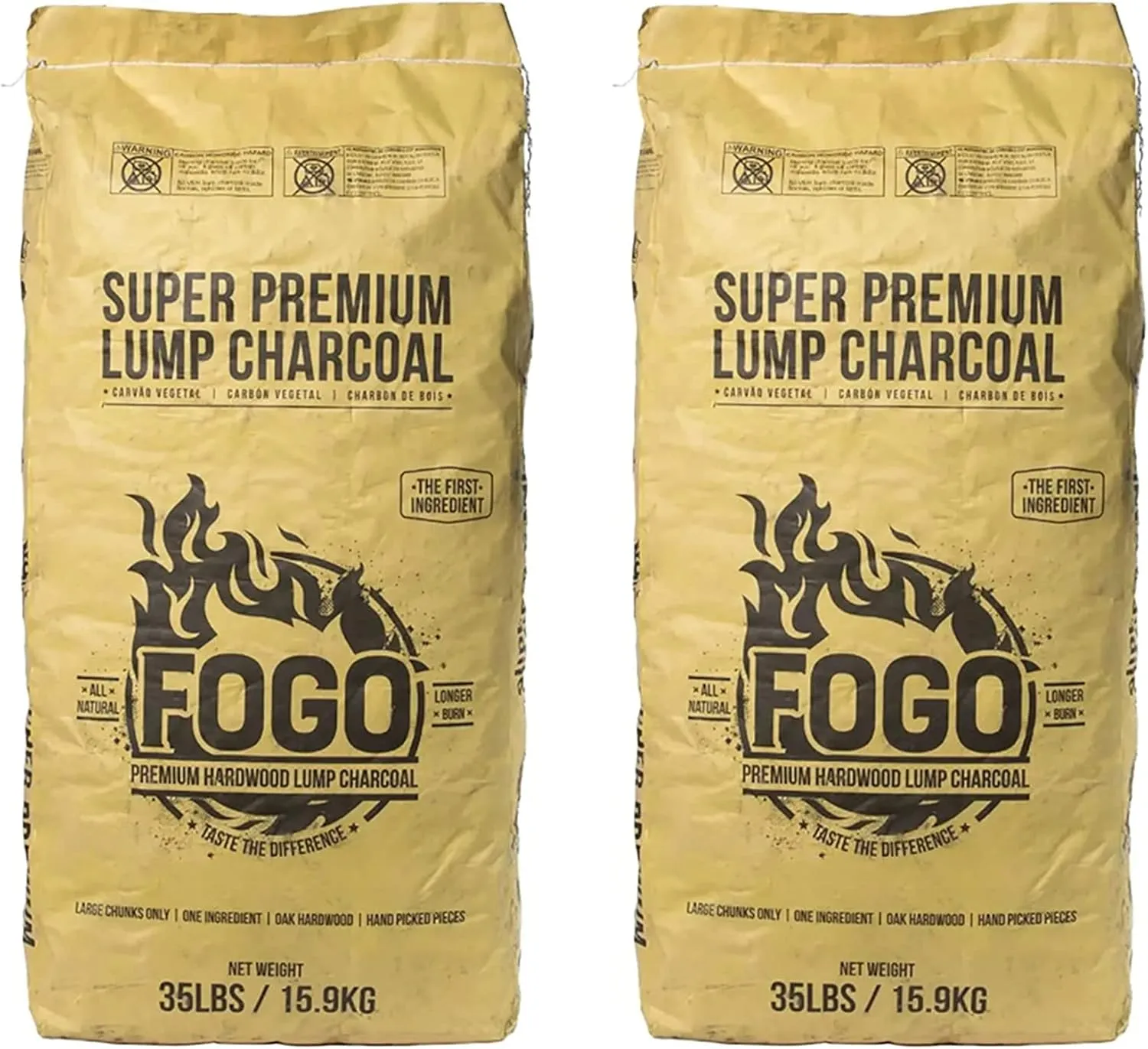 FOGO Super Premium Hardwood Lump Charcoal, Natural, Large Sized Lump Charcoal for Grilling and Smoking, Restaurant Quality, 35 Pound Bag, 2-Pack