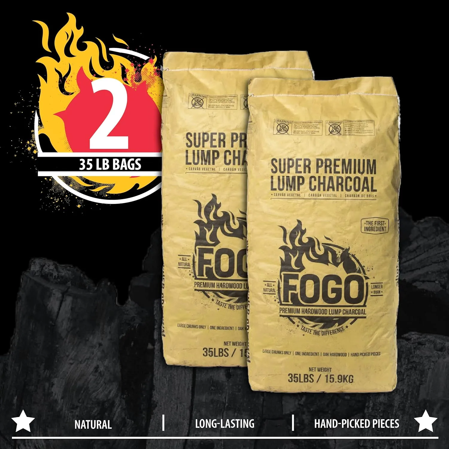 FOGO Super Premium Hardwood Lump Charcoal, Natural, Large Sized Lump Charcoal for Grilling and Smoking, Restaurant Quality, 35 Pound Bag, 2-Pack