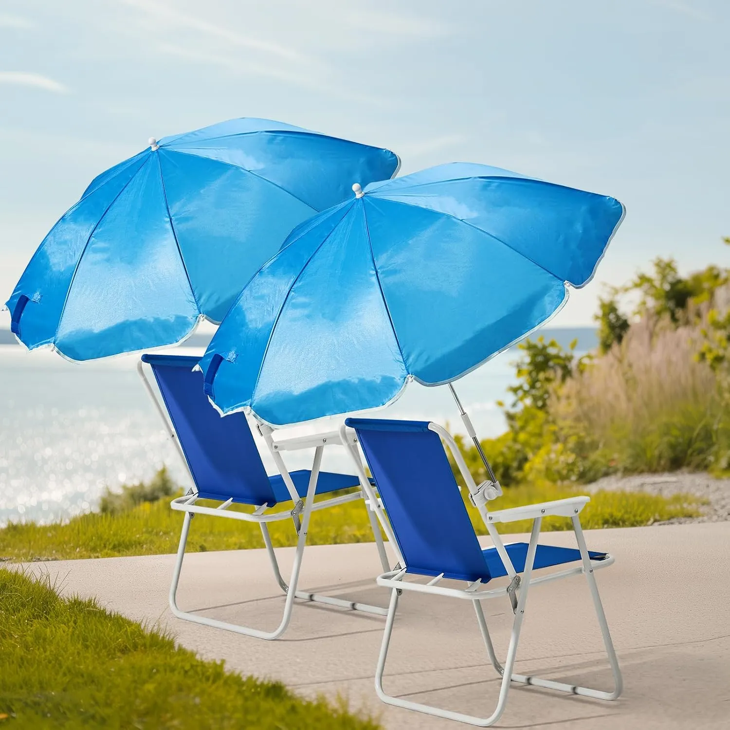 Folding Beach Chairs, Outdoor Picnic Portable Chair with Removable Umbrella, Camping Chair for Patio, Pool, Park (Blue)