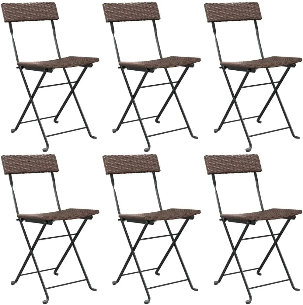 Folding Bistro Chairs Set of 6 Brown PE Rattan and Steel Outdoor Patio Chairs for Garden Poolside Dining and Camping