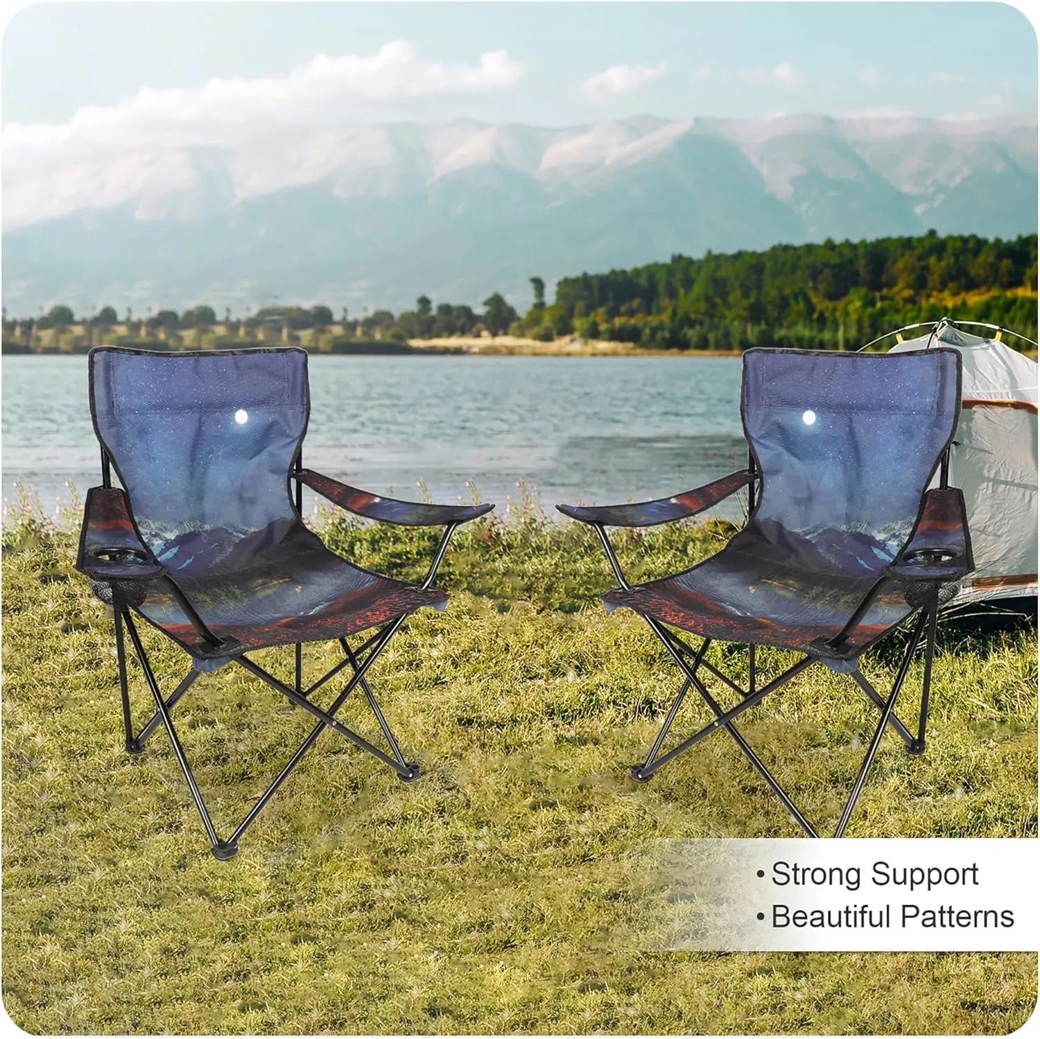 Folding Camping Chair,Portable Lawn Chair w/Cup Holder,Carry Bag,Heavy Duty Outdoor Camp Chair for Adults,Perfect for Garden,Hiking,Picnics and Beach Trips,Moon Mountain