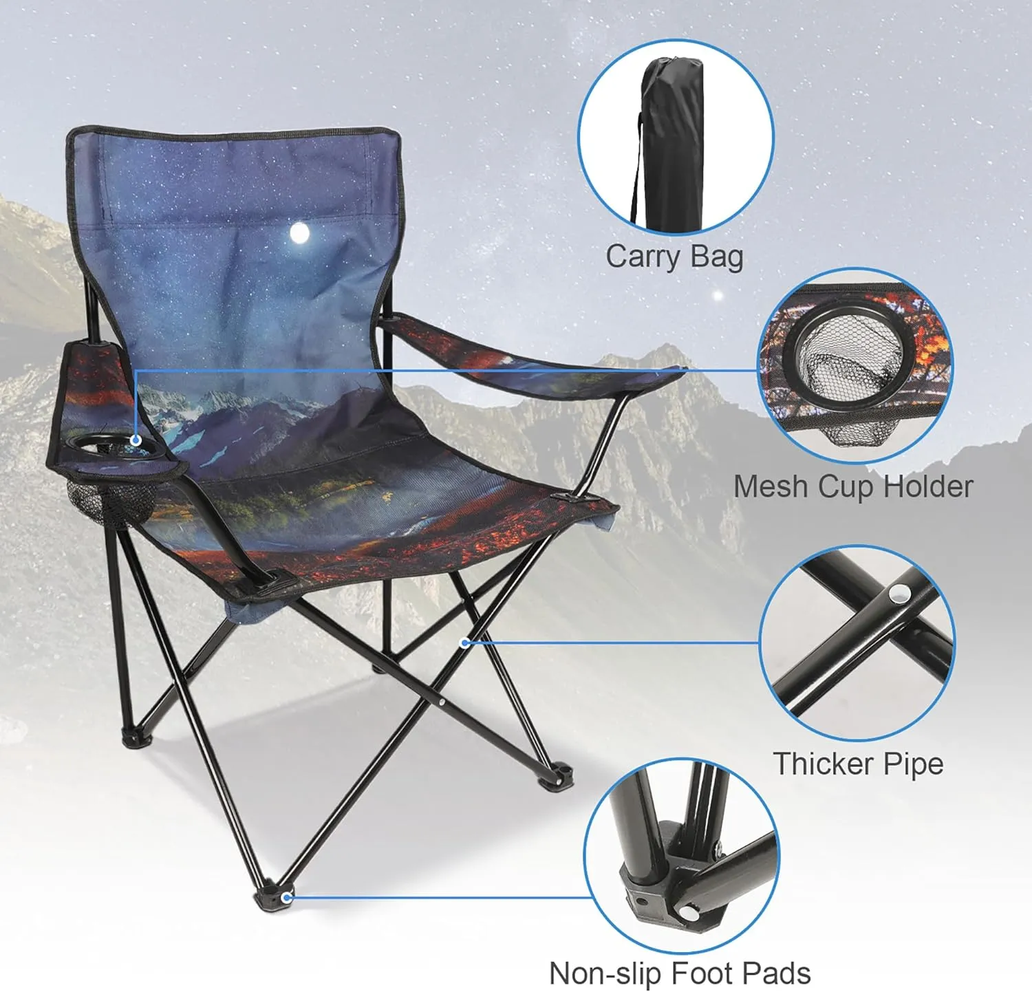 Folding Camping Chair,Portable Lawn Chair w/Cup Holder,Carry Bag,Heavy Duty Outdoor Camp Chair for Adults,Perfect for Garden,Hiking,Picnics and Beach Trips,Moon Mountain