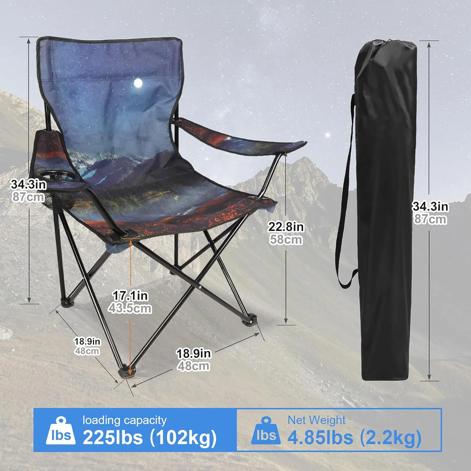 Folding Camping Chair,Portable Lawn Chair w/Cup Holder,Carry Bag,Heavy Duty Outdoor Camp Chair for Adults,Perfect for Garden,Hiking,Picnics and Beach Trips,Moon Mountain