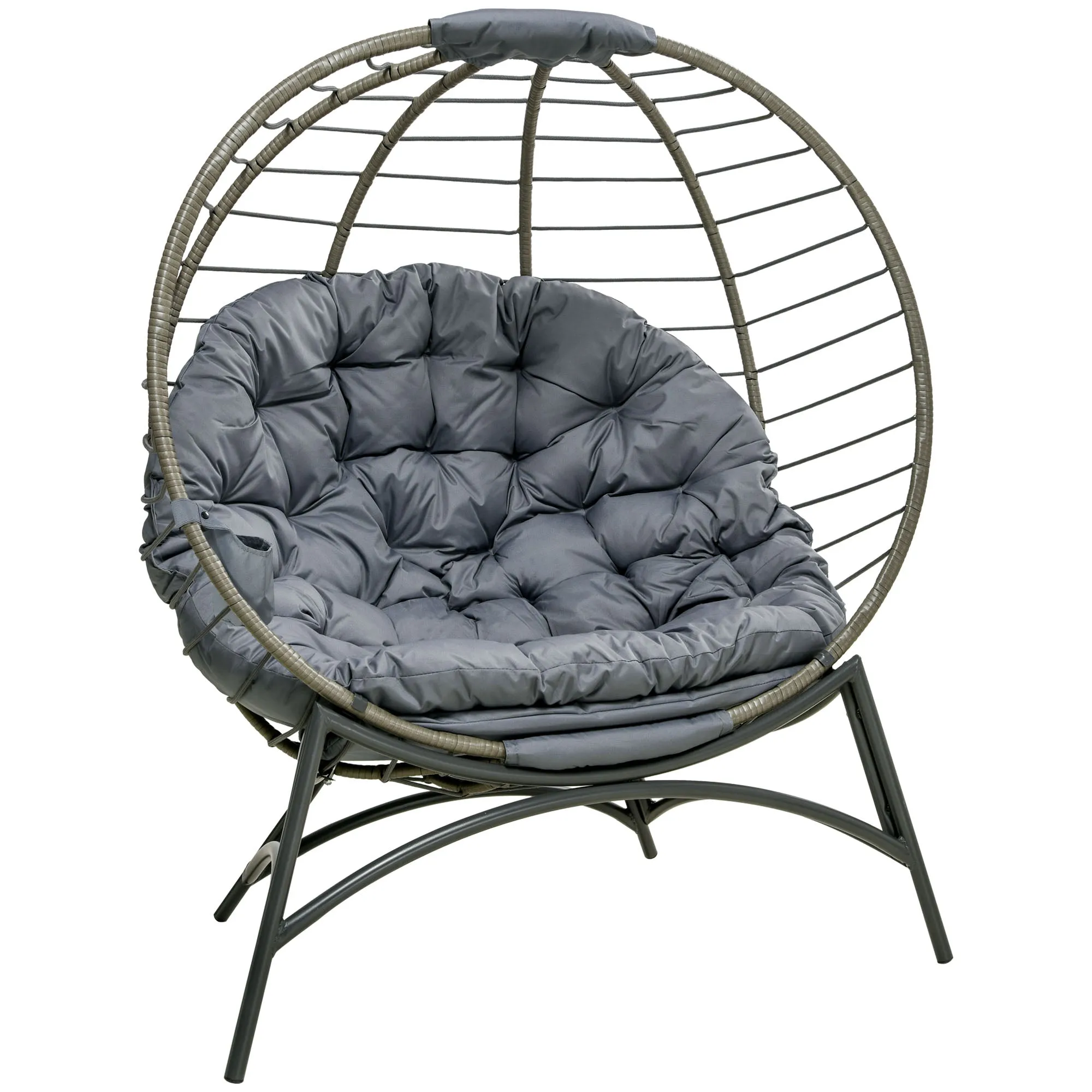 Folding Rattan Egg Chair with Cushion, Bottle Holder Bag for Outdoor or Indoor, Grey