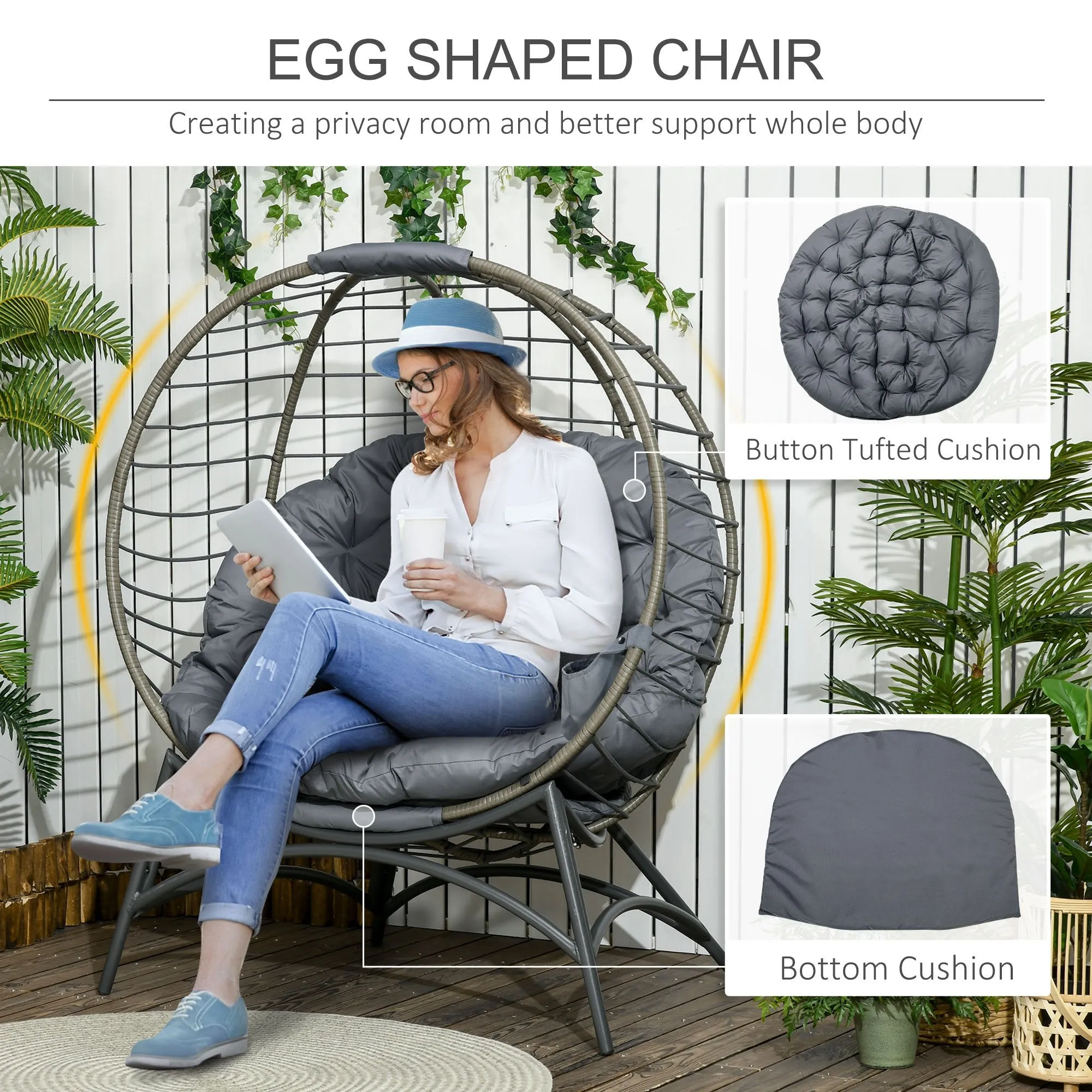 Folding Rattan Egg Chair with Cushion, Bottle Holder Bag for Outdoor or Indoor, Grey