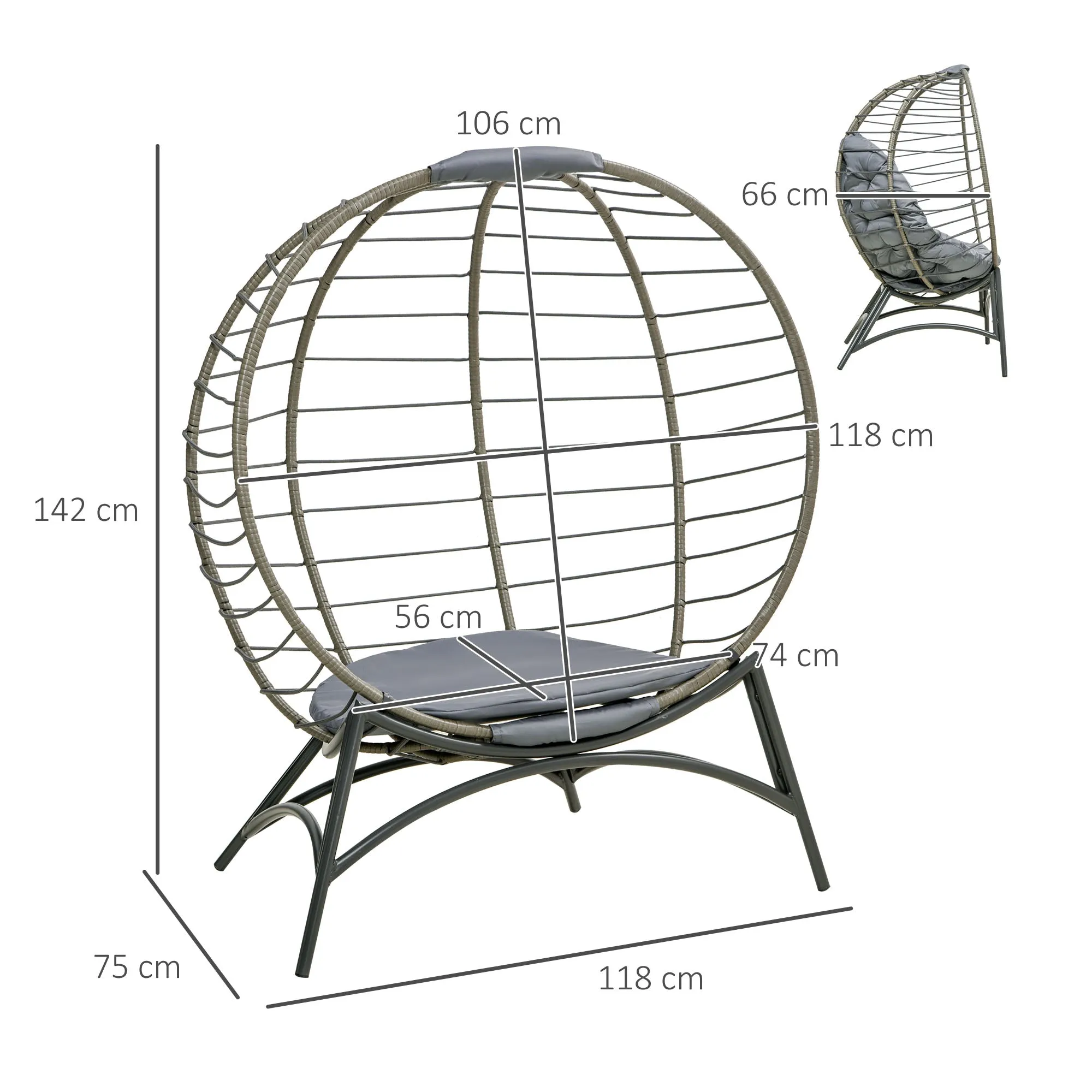 Folding Rattan Egg Chair with Cushion, Bottle Holder Bag for Outdoor or Indoor, Grey