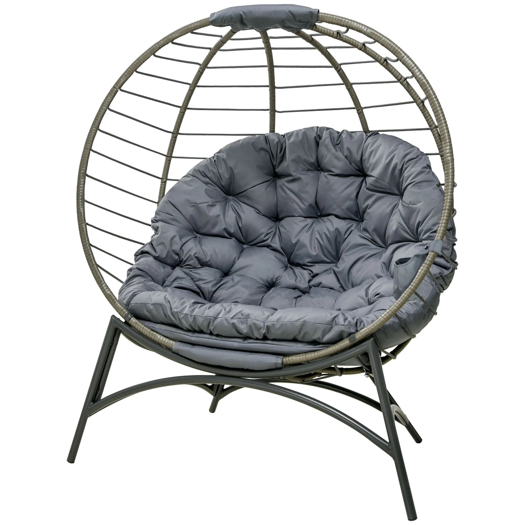 Folding Rattan Egg Chair with Cushion, Bottle Holder Bag for Outdoor or Indoor, Grey