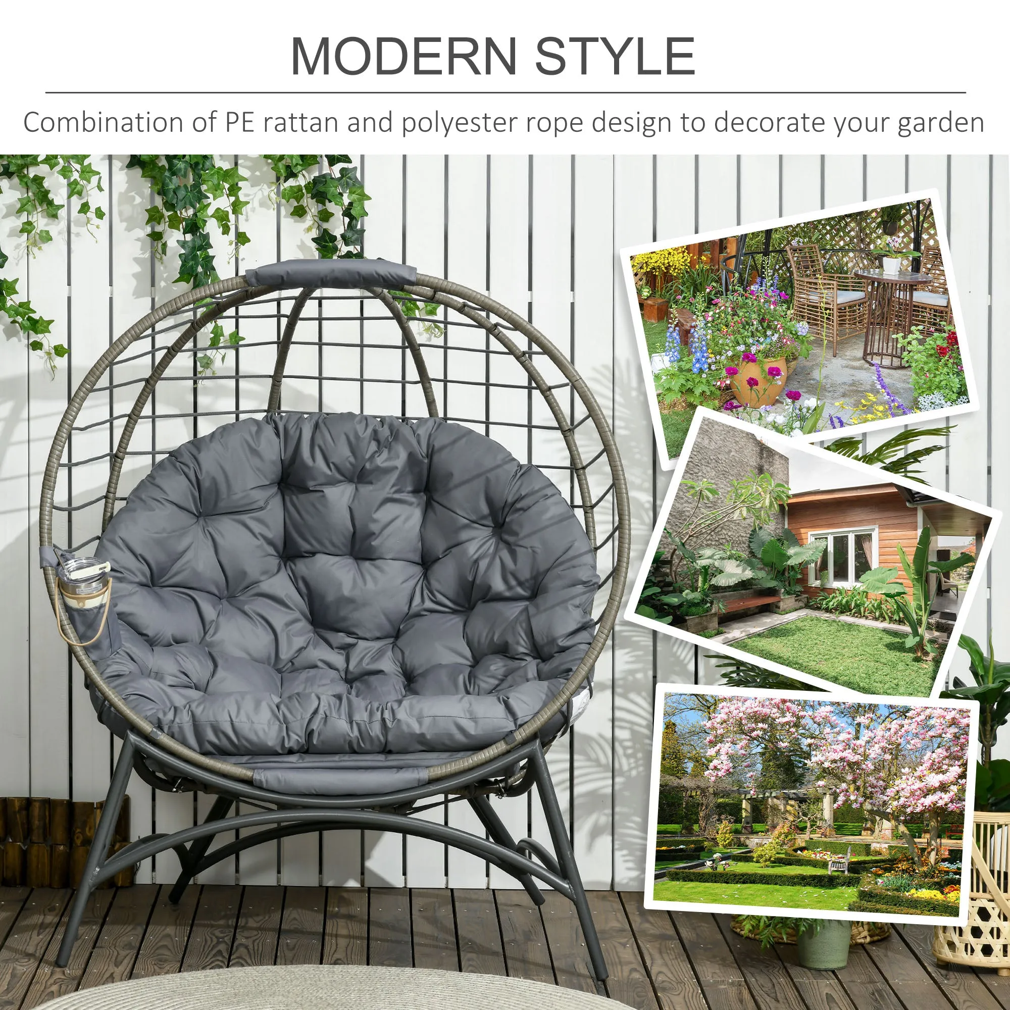 Folding Rattan Egg Chair with Cushion, Bottle Holder Bag for Outdoor or Indoor, Grey