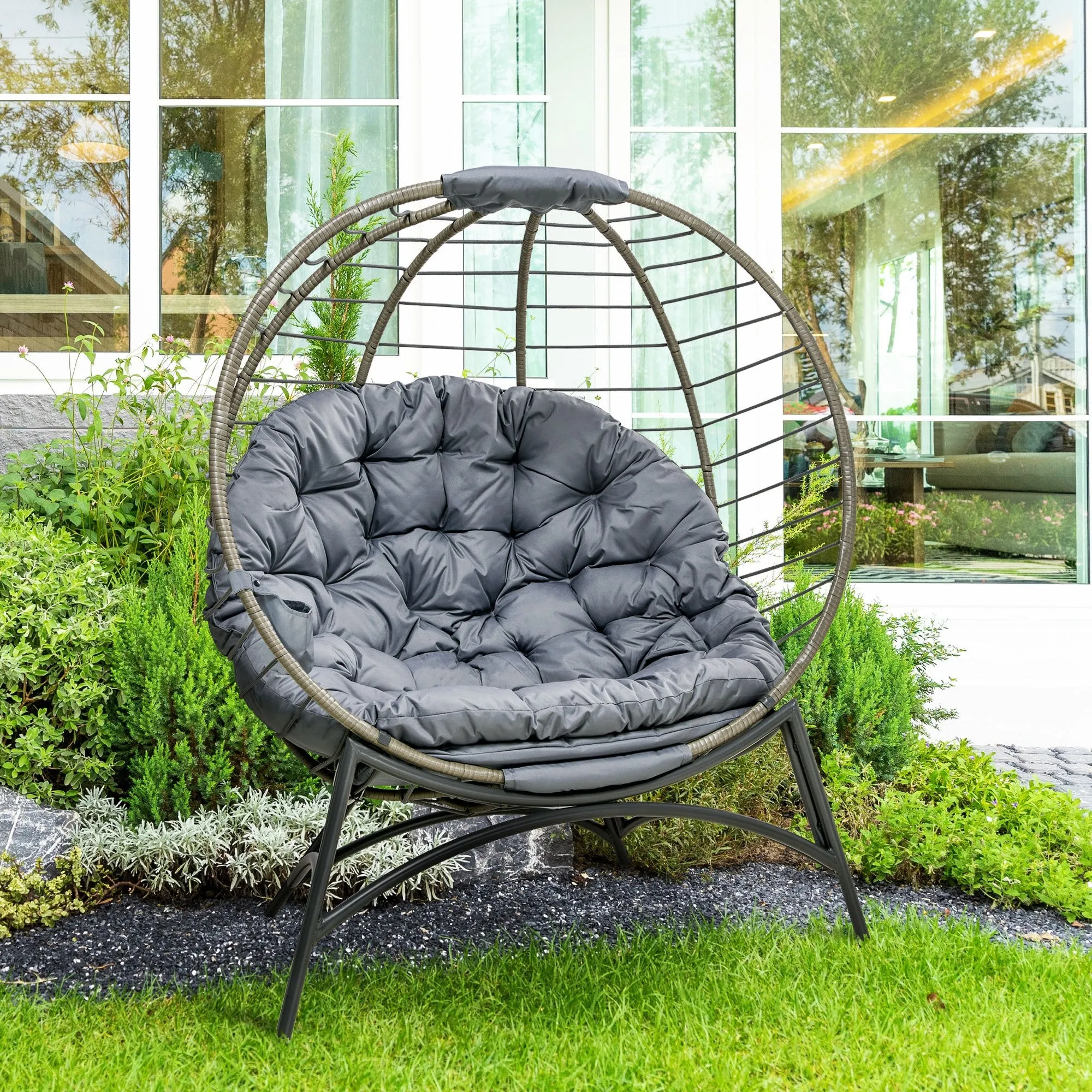 Folding Rattan Egg Chair with Cushion, Bottle Holder Bag for Outdoor or Indoor, Grey