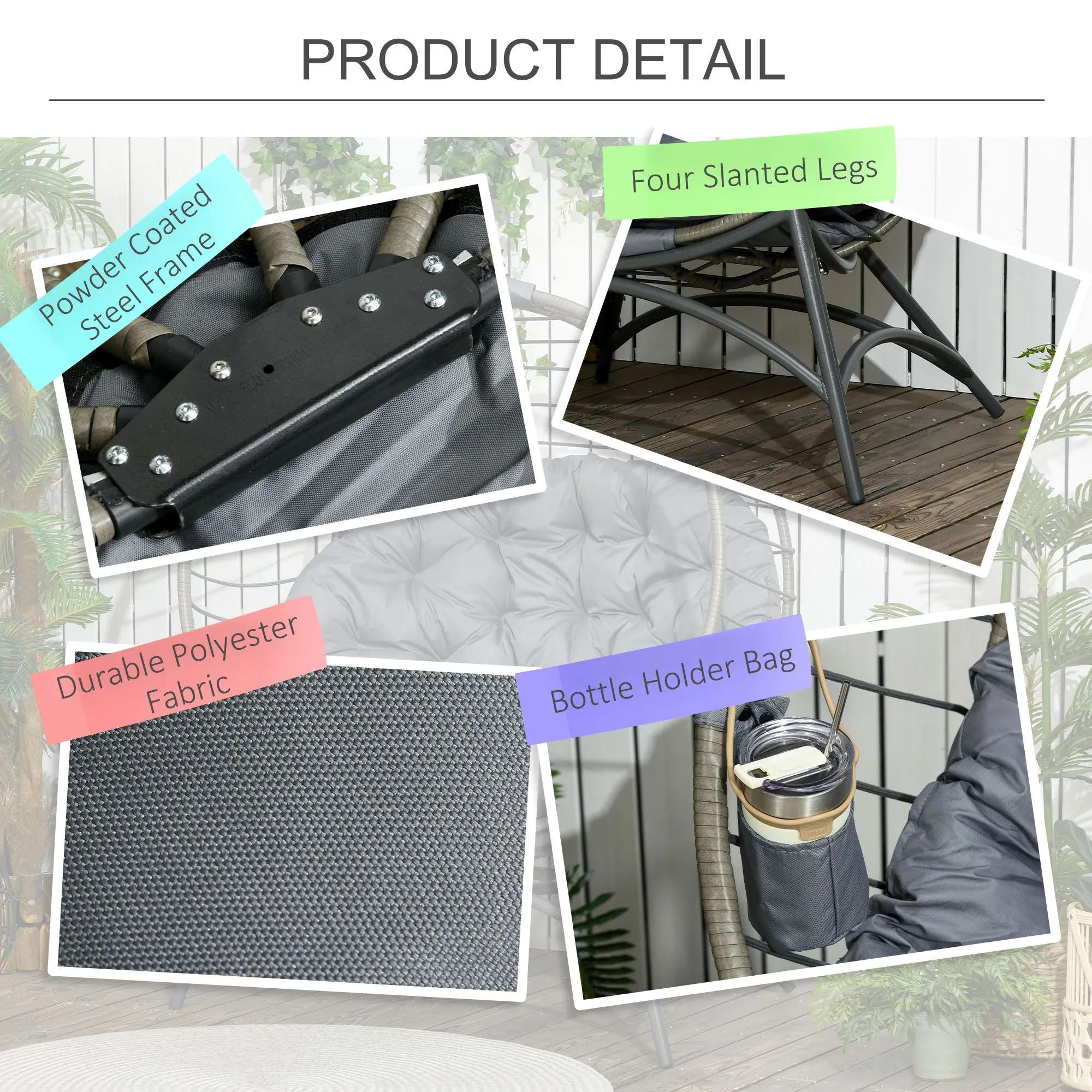 Folding Rattan Egg Chair with Cushion, Bottle Holder Bag for Outdoor or Indoor, Grey