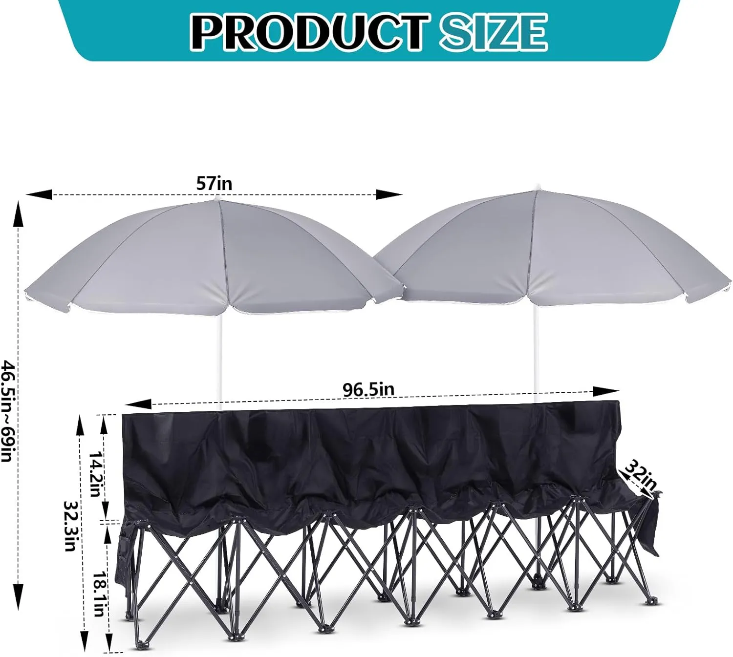 Folding Soccer Bench Chair Portable Team Sports Sideline Team Bench Seat with Umbrella for Football Camp Travel Events Outdoor Seating with Storage Bag