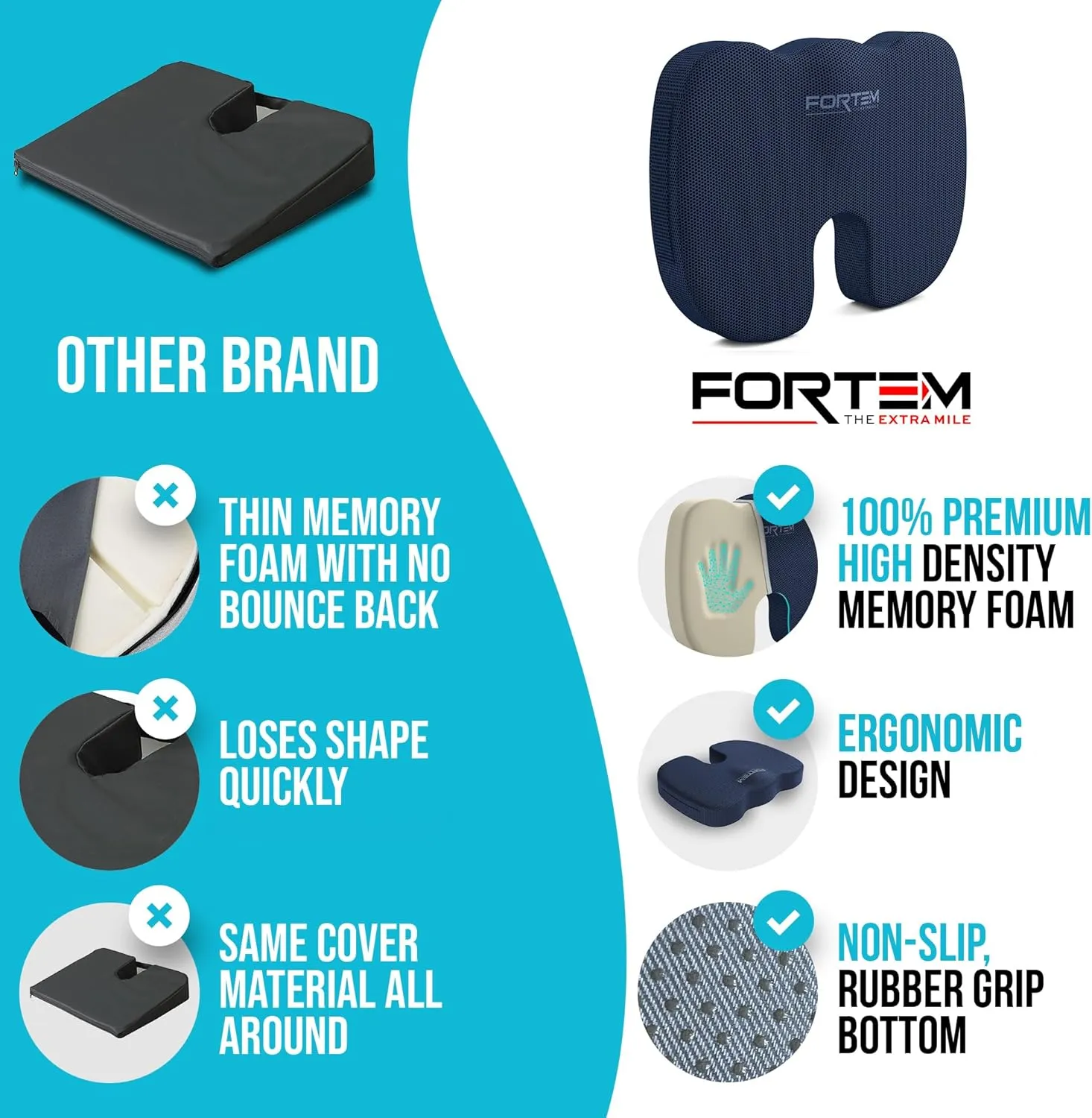 FORTEM Office Chair Cushion and Back Support for Office Chair, Lumbar Support Pillow, Memory Foam, Non Slip Sitting and Back Rest for Gaming, Car Seat Cushion, Chair Pad, XL