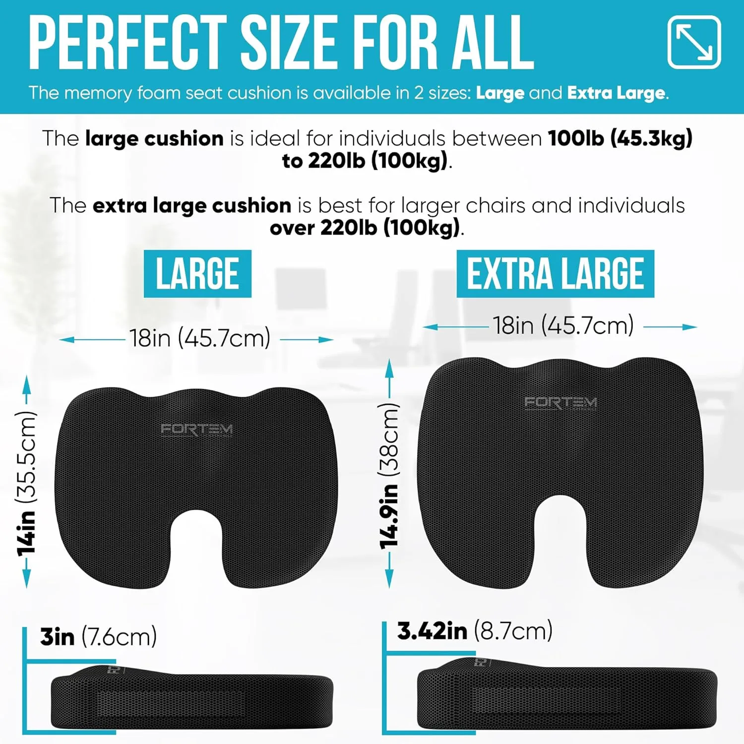 FORTEM Office Chair Cushion and Back Support for Office Chair, Lumbar Support Pillow, Memory Foam, Non Slip Sitting and Back Rest for Gaming, Car Seat Cushion, Chair Pad, XL