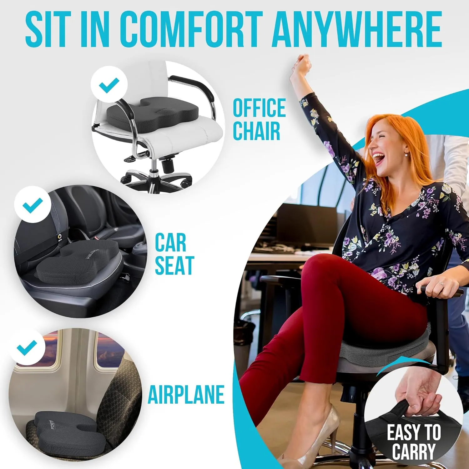 FORTEM Office Chair Cushion, Memory Foam Seat Cushion, Non Slip Sitting Pillow for Gaming, Car Seat, Computer Chair Pad, Sciatica and Tailbone Support, Washable Cover