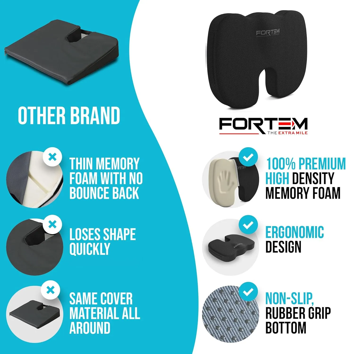 FORTEM Office Chair Cushion, Memory Foam Seat Cushion, Non Slip Sitting Pillow for Gaming, Car Seat, Computer Chair Pad, Sciatica and Tailbone Support, Washable Cover