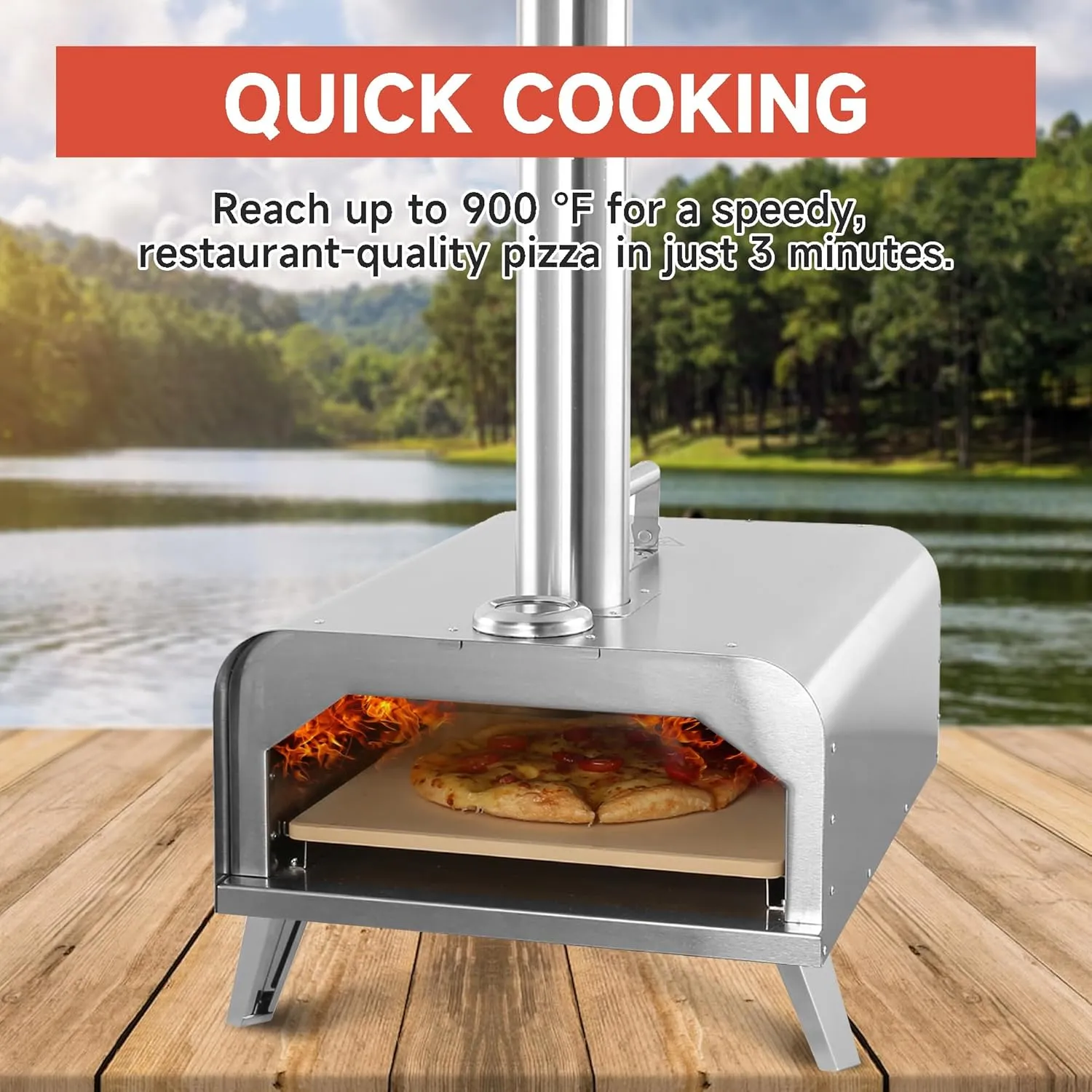 Fremont Outdoor Pizza Oven Portable 13" Stainless Steel Backyard Grill Wood Pellet and Charcoal Fired Pizza Maker for Outdoor Cooking with Pizza Stone, Built-in Thermometer, Pizza Peel