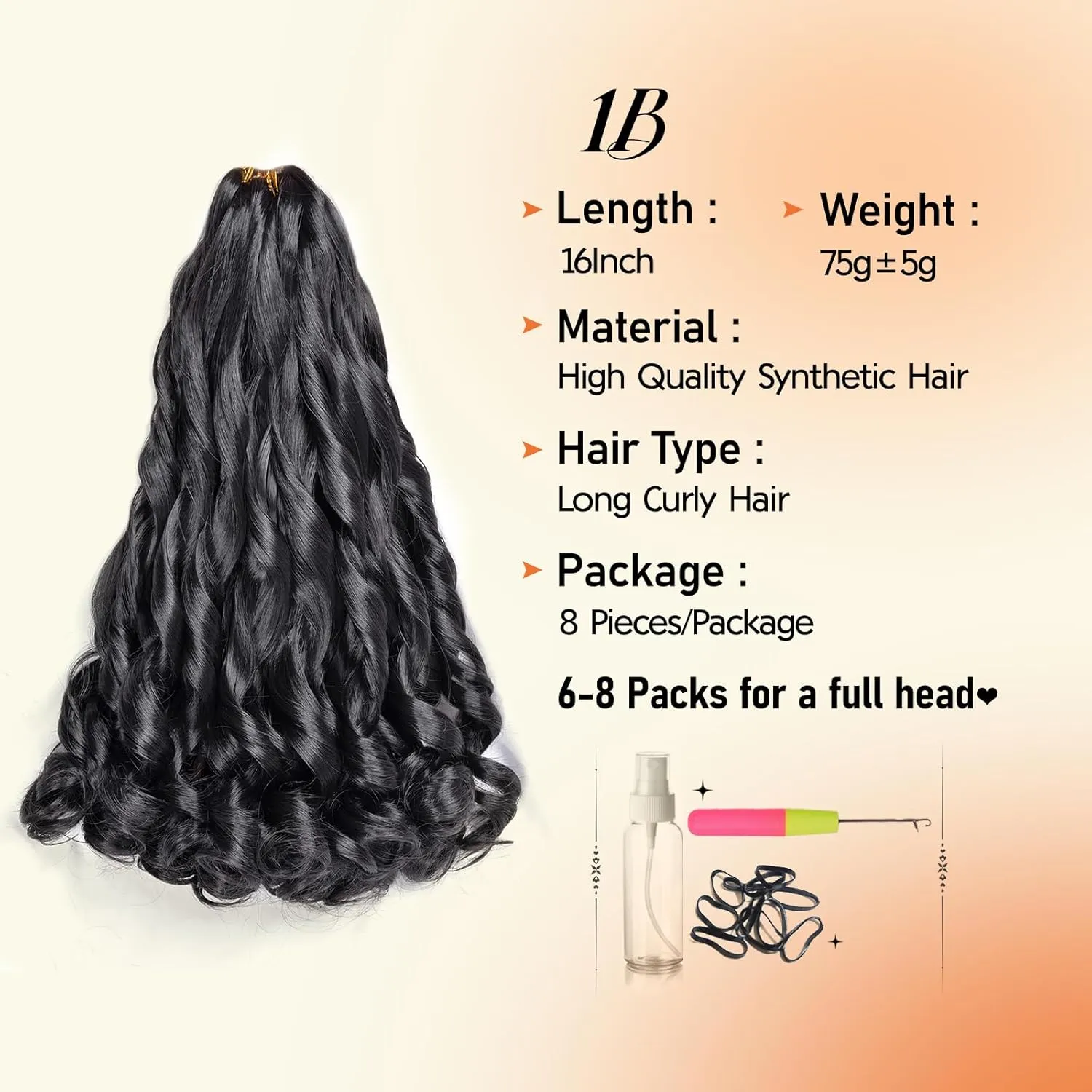 French Curl Braiding Hair 16 Inch 75g/Pack Crochet Hair for Black Women 8 Packs Black Loose Wavy Pre Stretched Braiding Hair Synthetic Hair Extensions (16 Inch,8 Packs,1B)