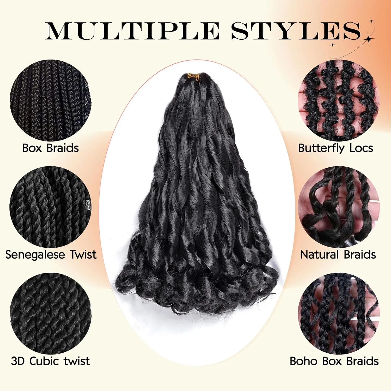 French Curl Braiding Hair 16 Inch 75g/Pack Crochet Hair for Black Women 8 Packs Black Loose Wavy Pre Stretched Braiding Hair Synthetic Hair Extensions (16 Inch,8 Packs,1B)
