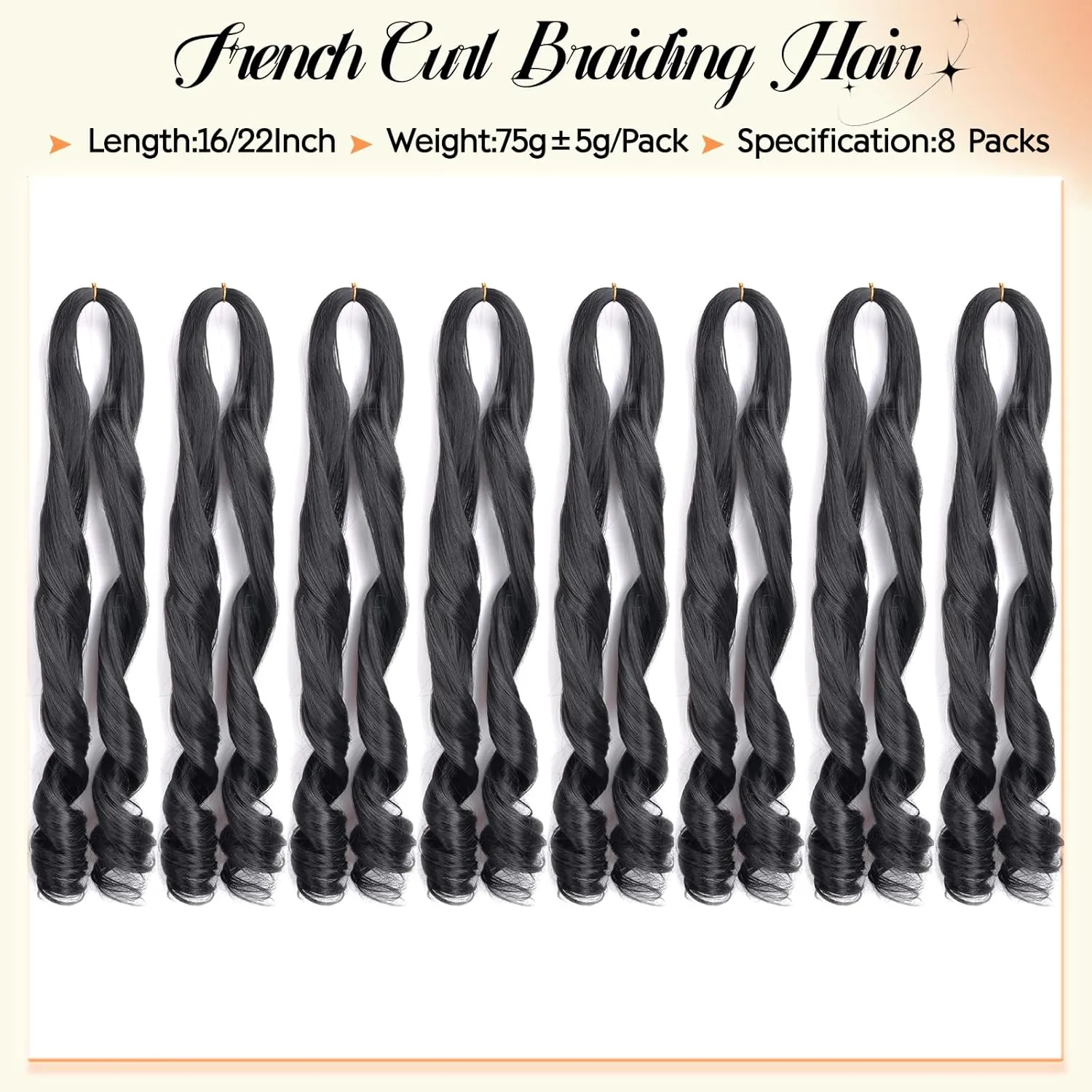 French Curl Braiding Hair 16 Inch 75g/Pack Crochet Hair for Black Women 8 Packs Black Loose Wavy Pre Stretched Braiding Hair Synthetic Hair Extensions (16 Inch,8 Packs,1B)
