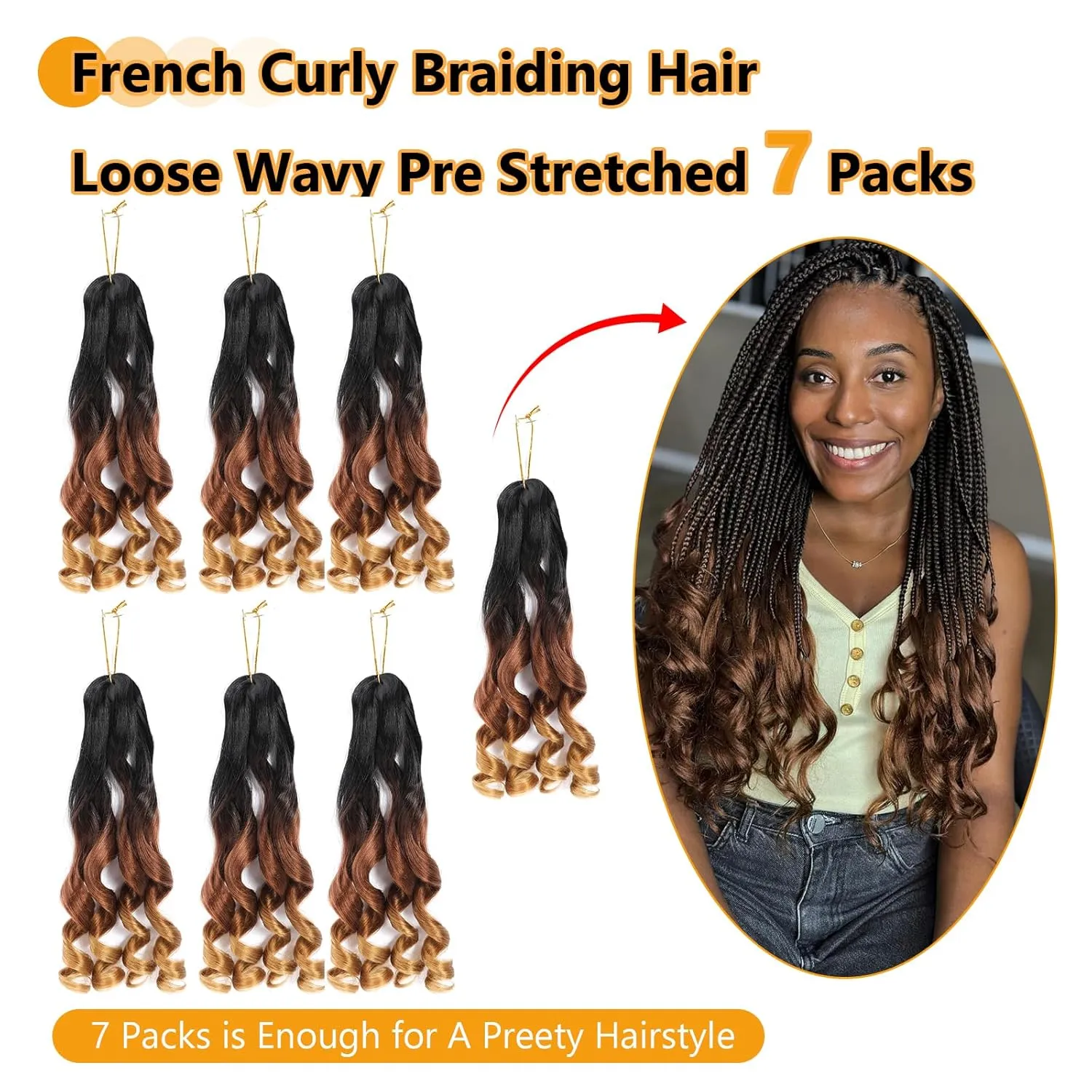 French Curl Pre Stretched 22 Inch Loose Wavy Braiding Hair for Black Women (7 Packs, 1B/30/27)
