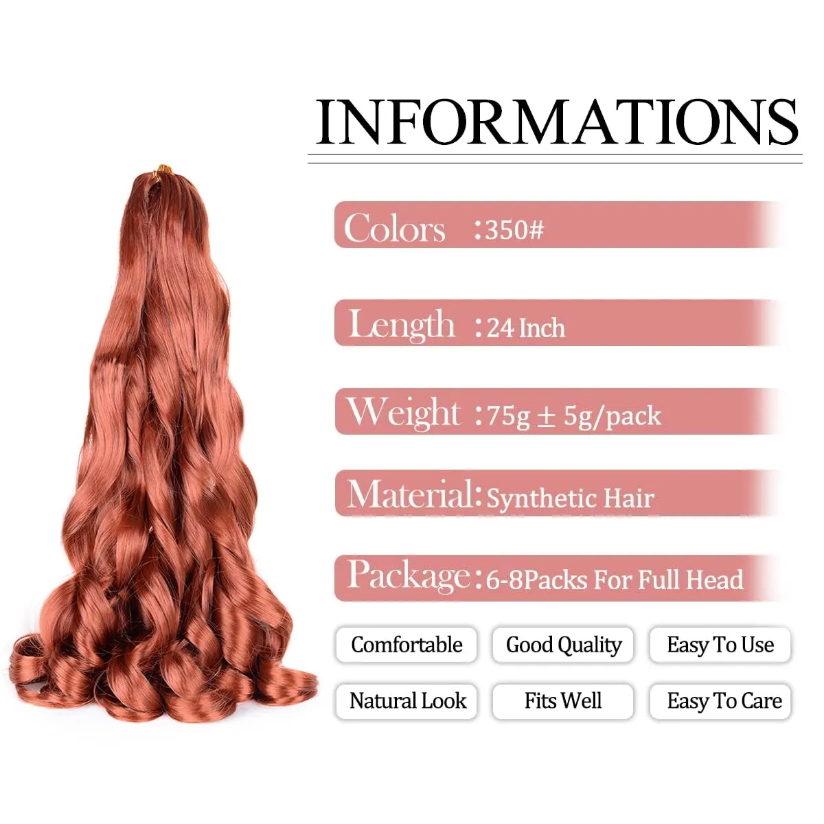 French Curly Braiding Hair - 8 Pack Loose Wavy Pre Stretched Synthetic Spiral Curly Crochet Braiding Hair - 350# Ginger 24inch Synthetic 75g/pack