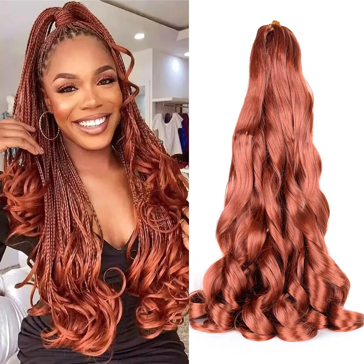 French Curly Braiding Hair - 8 Pack Loose Wavy Pre Stretched Synthetic Spiral Curly Crochet Braiding Hair - 350# Ginger 24inch Synthetic 75g/pack