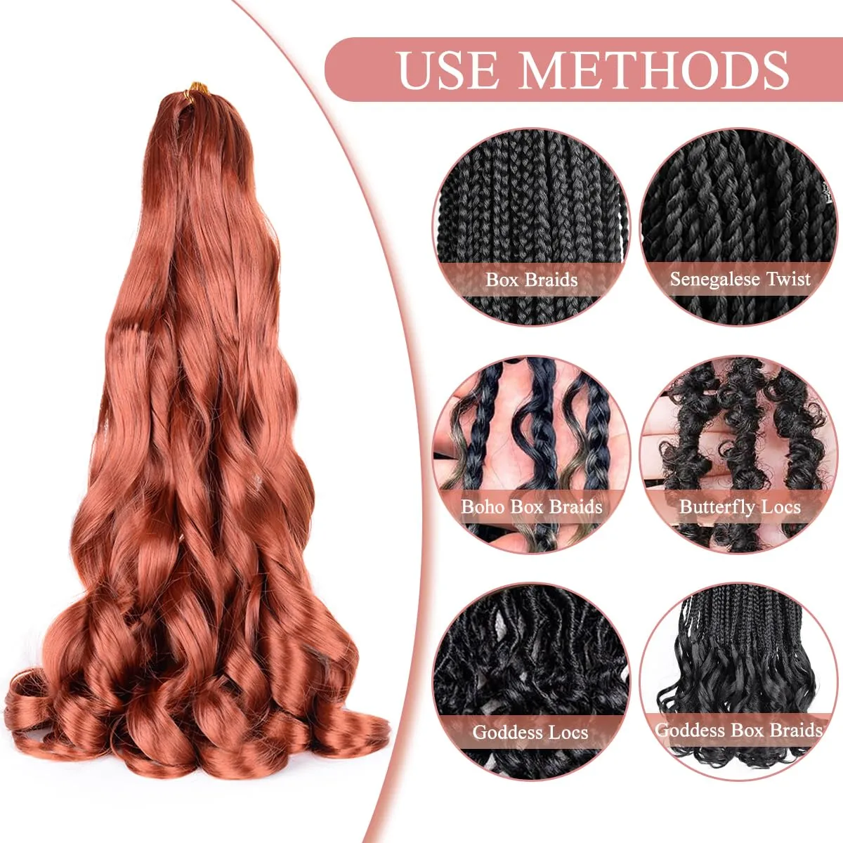 French Curly Braiding Hair - 8 Pack Loose Wavy Pre Stretched Synthetic Spiral Curly Crochet Braiding Hair - 350# Ginger 24inch Synthetic 75g/pack