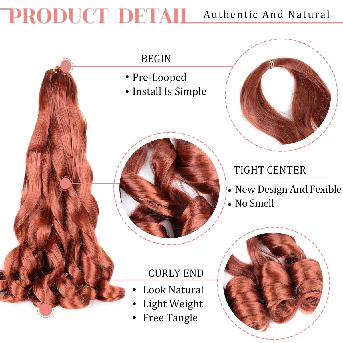 French Curly Braiding Hair - 8 Pack Loose Wavy Pre Stretched Synthetic Spiral Curly Crochet Braiding Hair - 350# Ginger 24inch Synthetic 75g/pack
