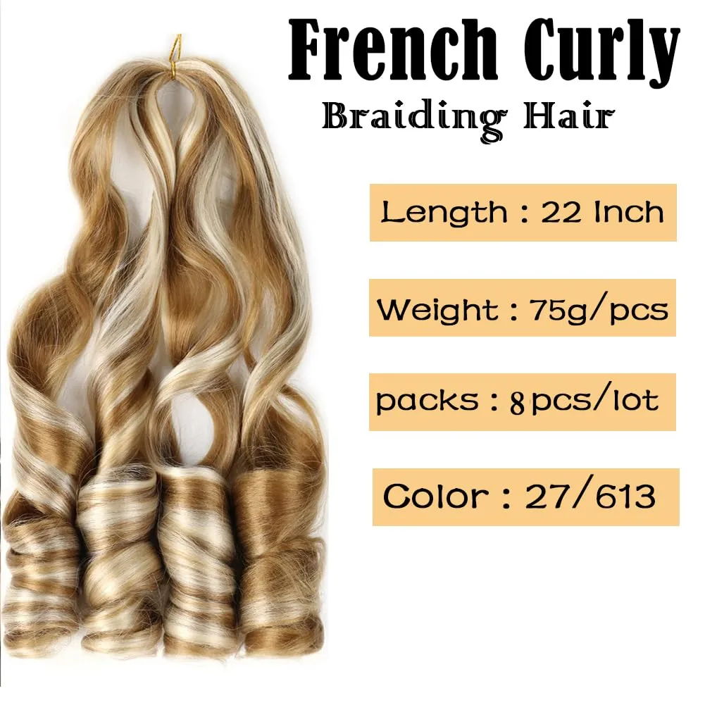 French Curly Braiding Hair 8 Packs 22 Inch Pre Stretched French Curl Braiding Hair for Black Women 75g/pcs Loose Wave Braiding Hair Extensions (22 Inch (Pack of 8), 27/613)