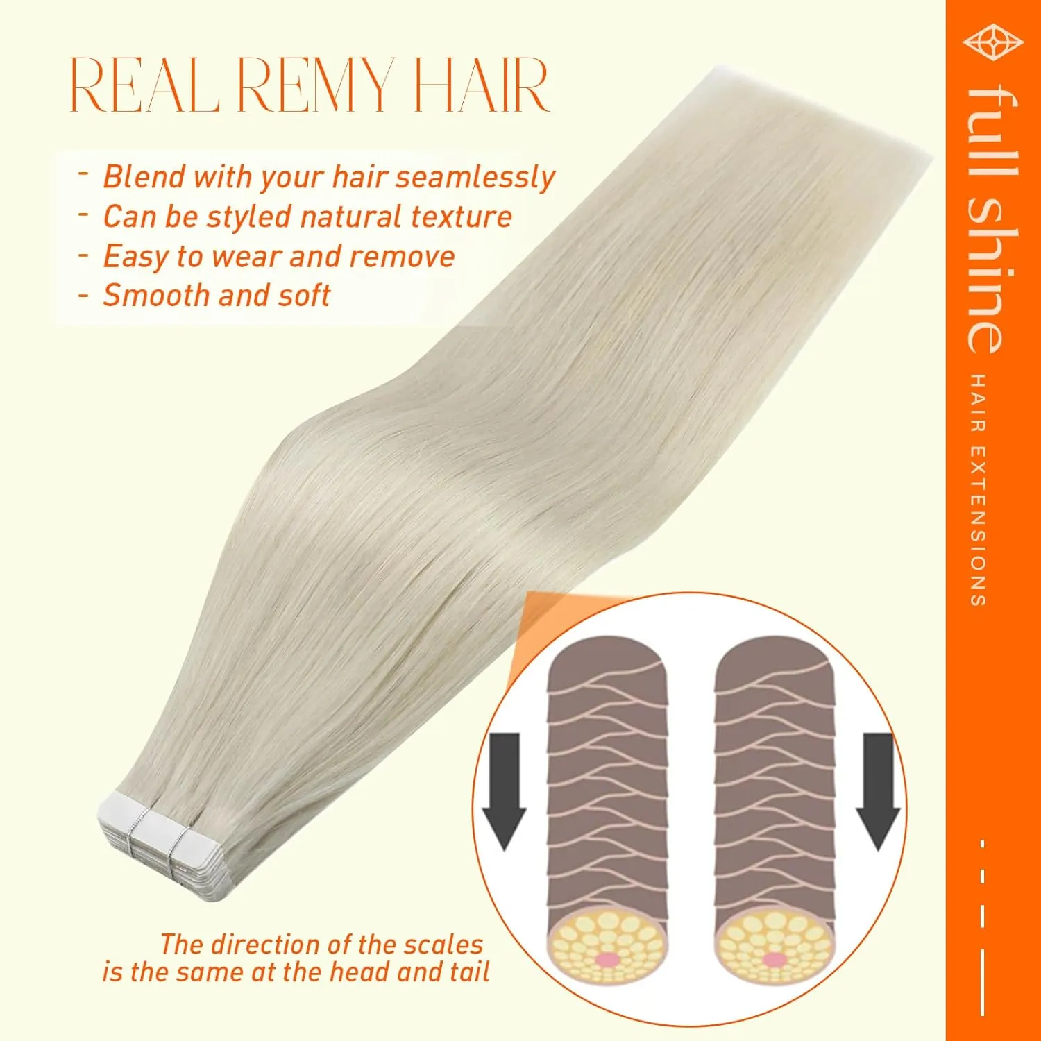 Full Shine Blonde Tape in Hair Extensions 20 Inch Real Human Hair Tape in Extensions Color 1000 Adhesive Glue in Hair Extension 40 Pcs 100 Gram Double Sided Tape ins Human Hair Extensions for Women