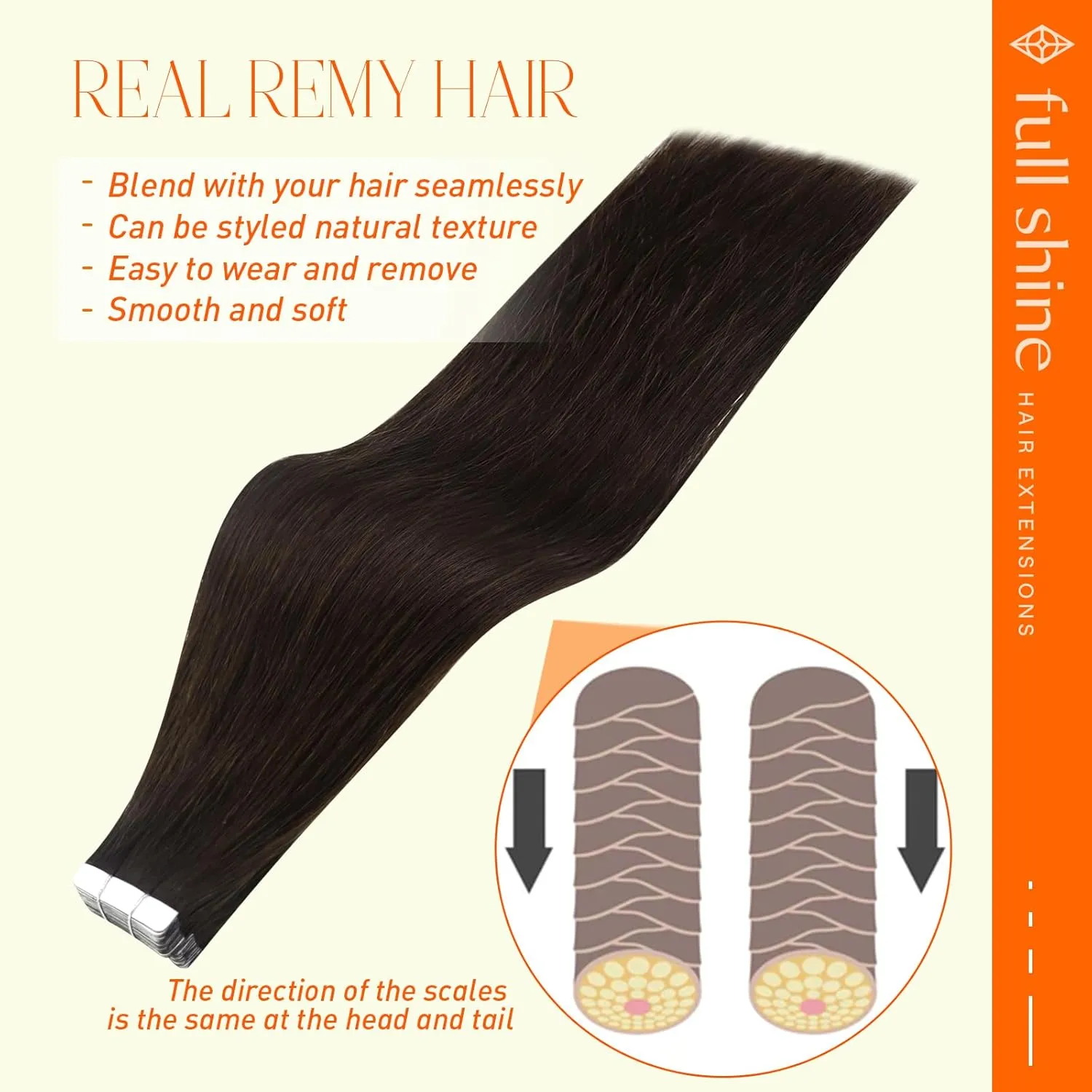Full Shine Brown Tape in Hair Extensions Real Human Hair 20 Inch Invisible Tape in Hair Extensions Dark Brown Color 2 Skin Weft Hair 40 Pcs 100 Gram Seamless Hair Extension Double Sided Tape