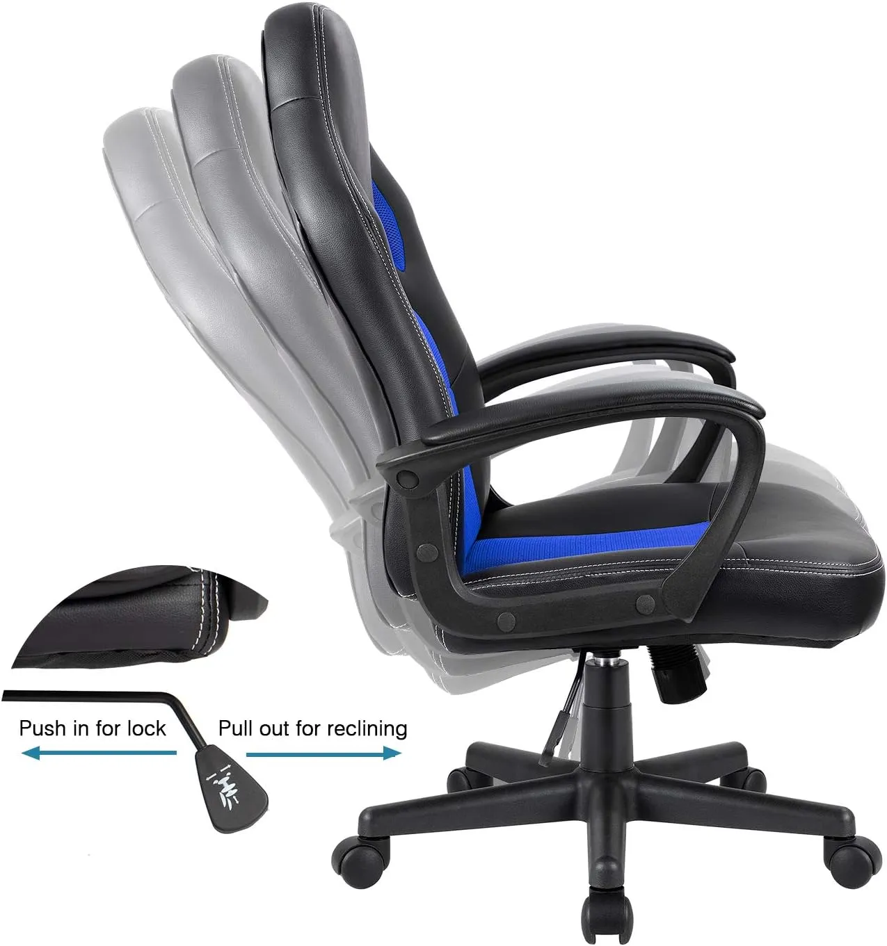 Furmax Blue Leather Office Chair with Adjustable Swivel Base, Padded Armrests and Lumbar Support