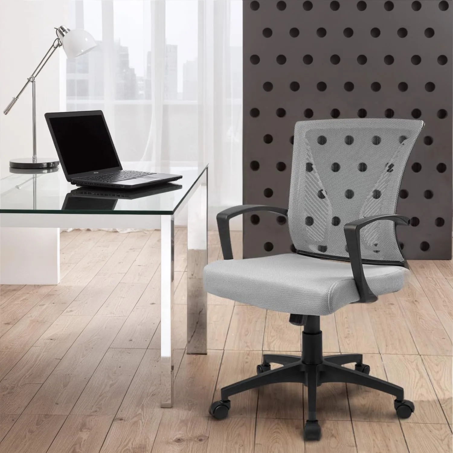 Furmax Office Chair Ergonomic Computer Desk Mesh Chair Mid Back Swivel Lumbar Support with Armrest (1, Gray)