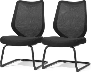 FYLICA Office Chairs No Wheels Conference Room Chair Breathable Mesh Upgraded Cushion and Sled Base, Mid Back Reception Chair No Armrests (2, Black)