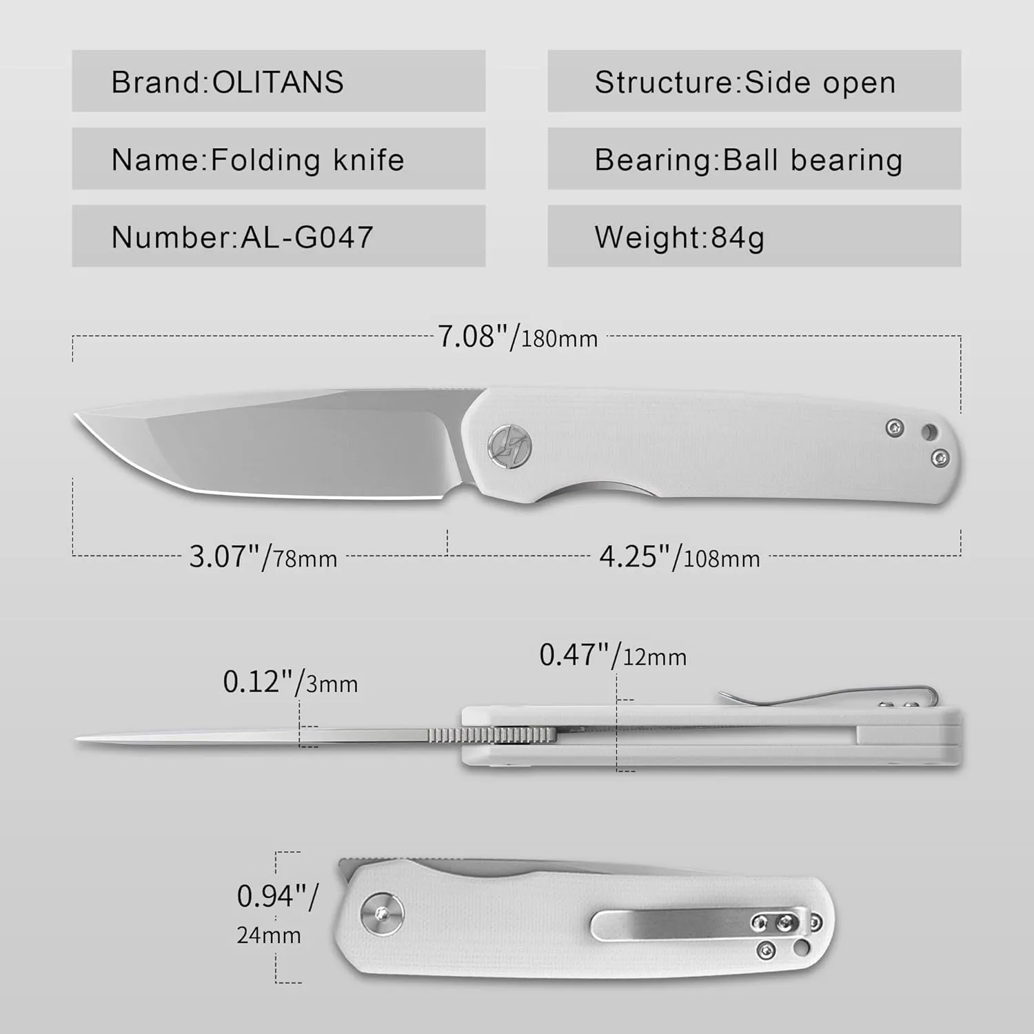 G047 Front Flipper Folding Knife 3.0" Sandvik 14C28N Blade White G10 Handle Camping Pocket Knife With Deep Carry Clip Outdoor EDC （White W）