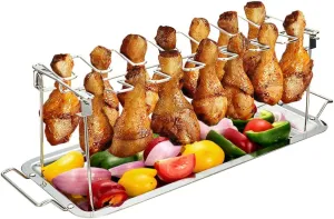 G.a HOMEFAVOR 14-Slot Chicken Leg Rack for Grill & Wings - Premium Stainless Steel Foldable Roasting Rack with Detachable Drip Pan, Dishwasher-Safe BBQ Accessories for Oven, Grill, Camping, Parties