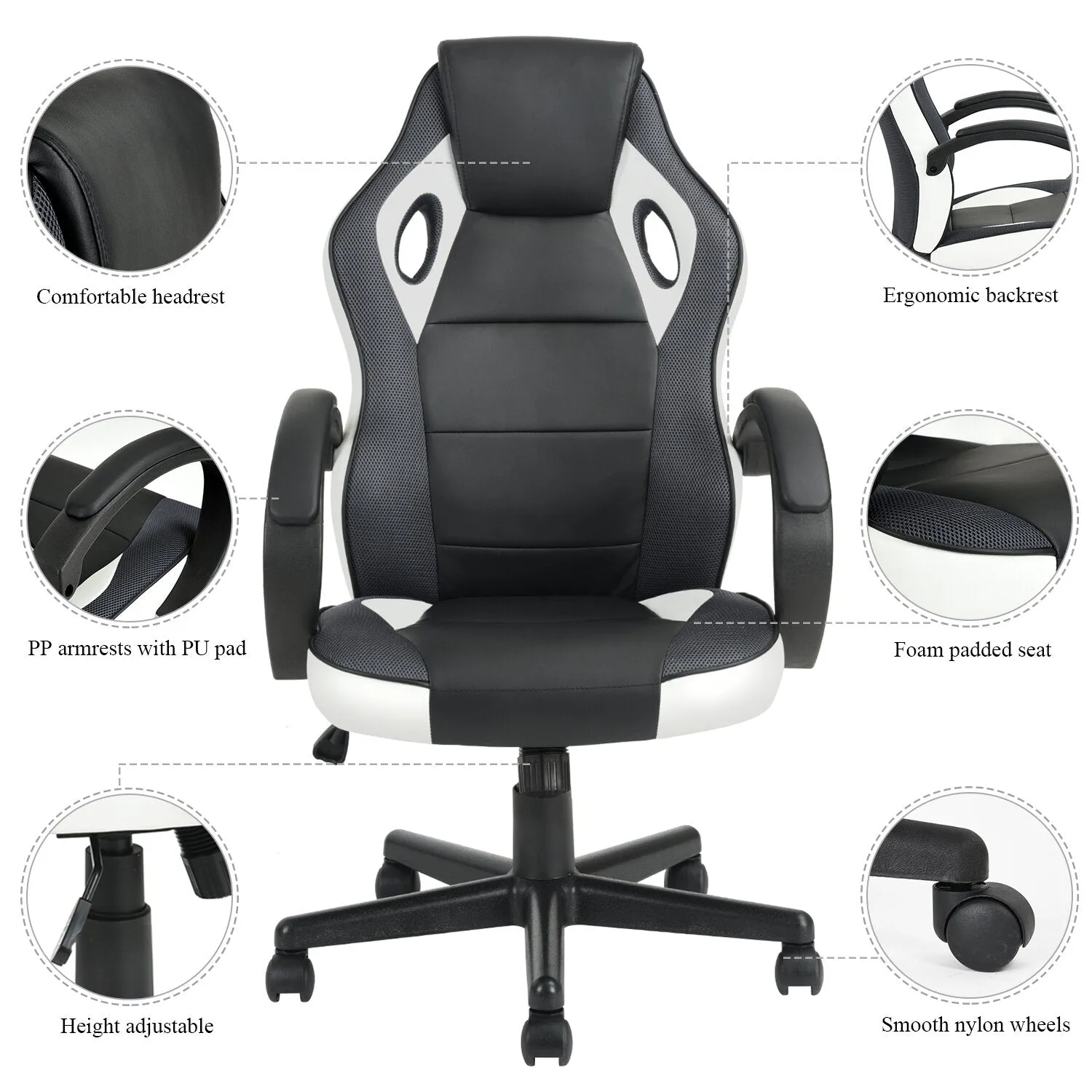 Gaming Chair with Nylon Caster Swivel & Wheel Base