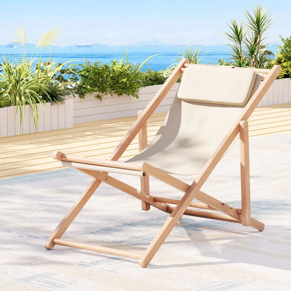Gardeon Outdoor Chairs Sun Lounge Deck Beach Chair Folding Wooden Patio Furniture Beige