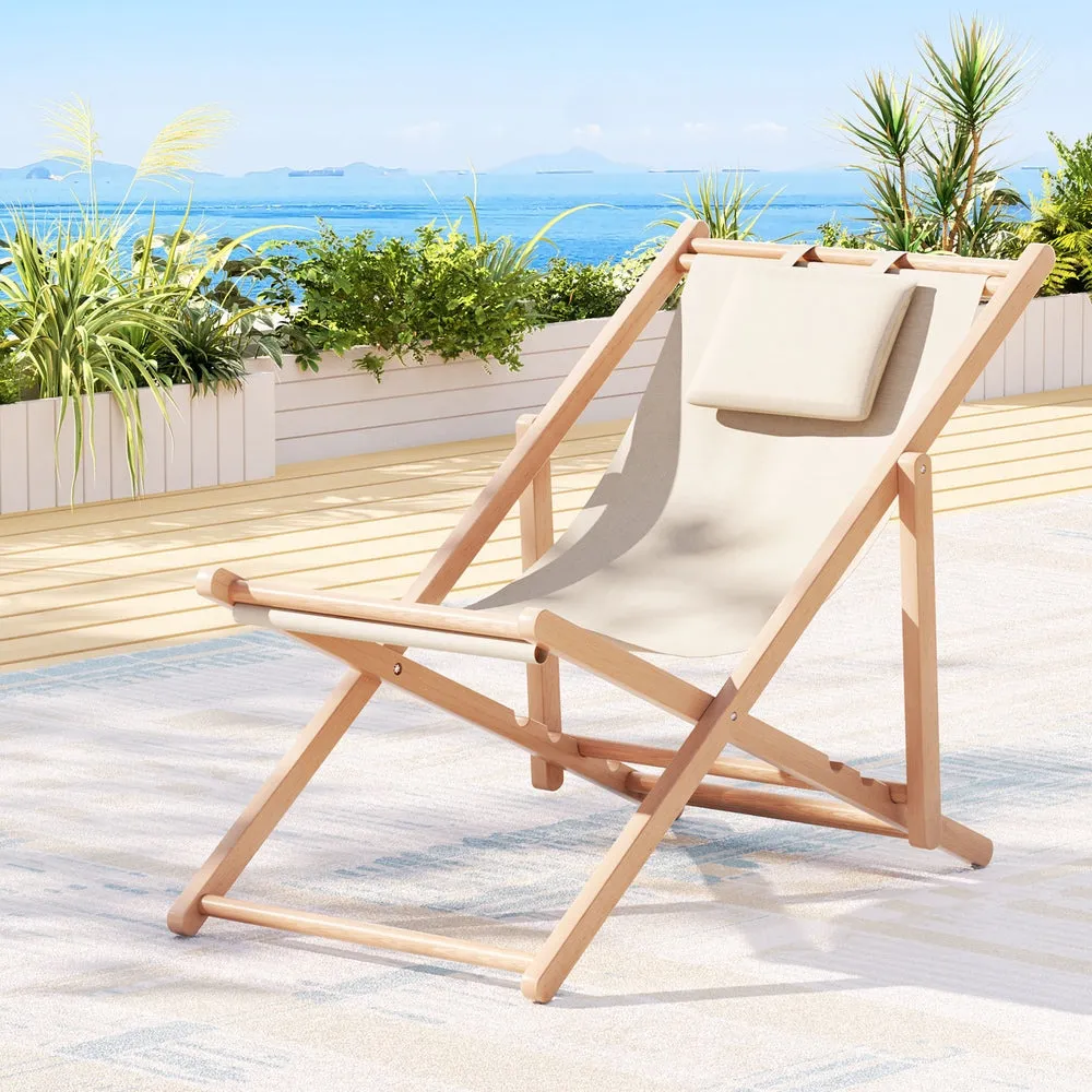 Gardeon Outdoor Chairs Sun Lounge Deck Beach Chair Folding Wooden Patio Furniture Beige