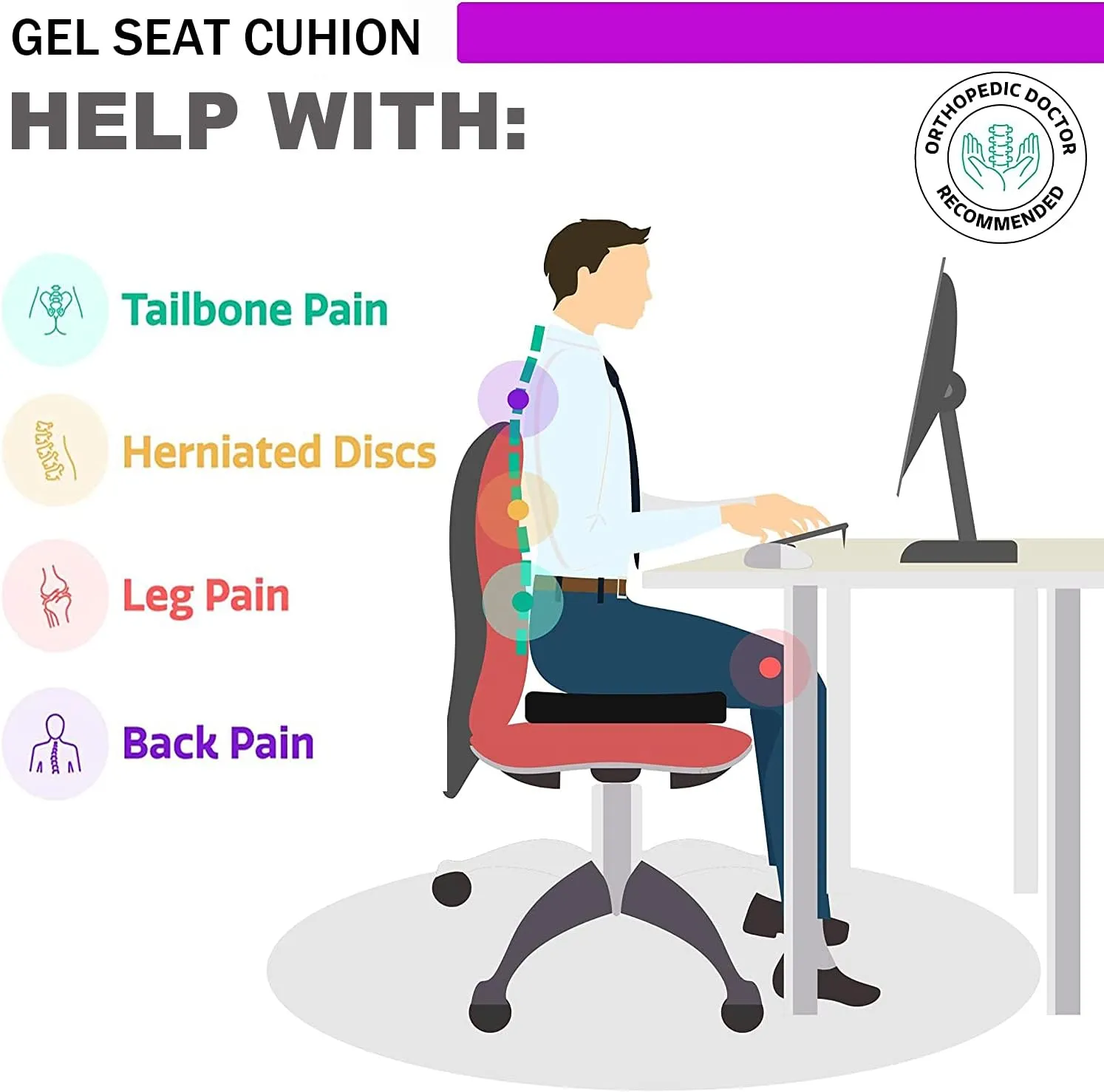 Gel Seat Cushion - Enhanced Double Thick Egg Seat Cushion with Non-Slip Cover - Office Chair Car Seat Cushion - Sciatica & Back Pain Relief - Perfect for Office Chair Car Wheelchair Travel