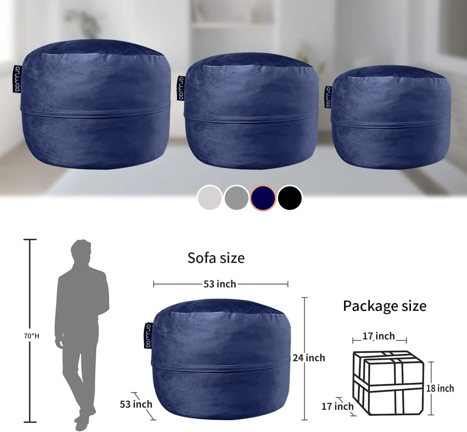 Giant 5ft Bean Bag Chairs for Adults, 5FT Oversized Bean Bag for Teens, Memory Foam Bean Bag with Removable Dutch Velet Cover, Navy