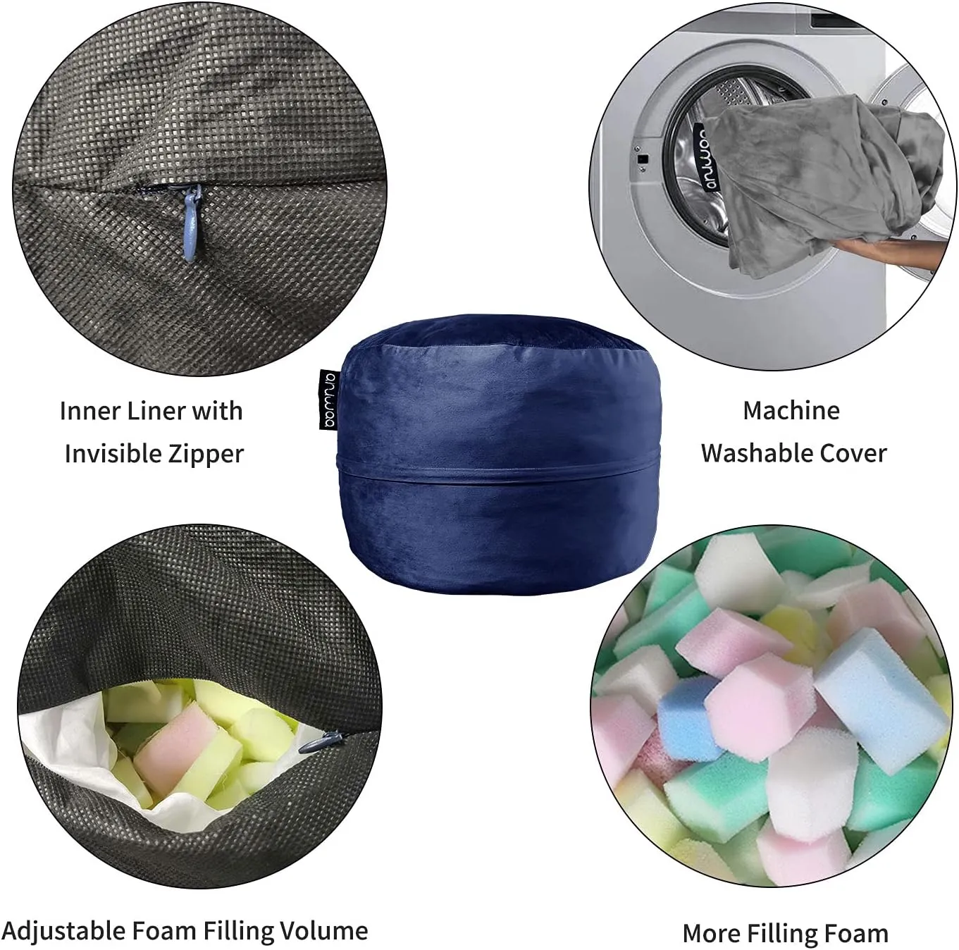 Giant 5ft Bean Bag Chairs for Adults, 5FT Oversized Bean Bag for Teens, Memory Foam Bean Bag with Removable Dutch Velet Cover, Navy