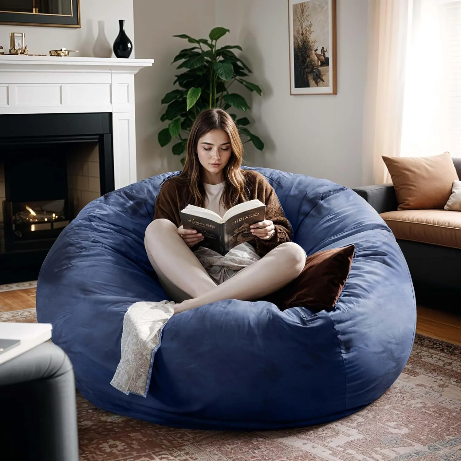 Giant 5ft Bean Bag Chairs for Adults, 5FT Oversized Bean Bag for Teens, Memory Foam Bean Bag with Removable Dutch Velet Cover, Navy
