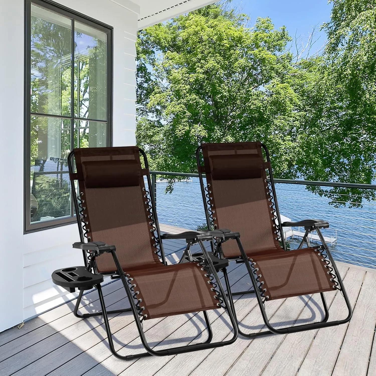 Giantex 2 PCS Zero Gravity Chair, Outdoor Chaise Lounge with Cup Holder, Patio Folding Chairs Recliner for Yard Pool Lawn Balcony