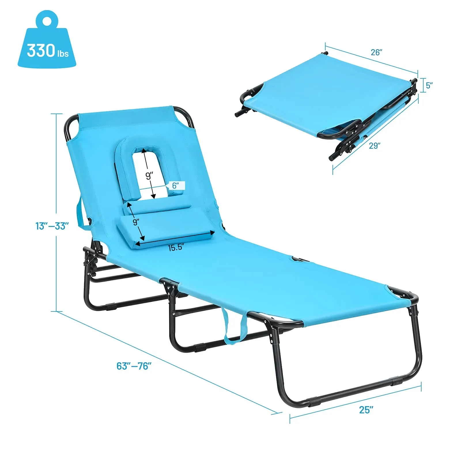 Giantex Outdoor Chaise Lounge Chair - Folding Beach Chair with 5 Adjustable Positions, Hole, Detachable Pillow, Hand Ropes, Lounger for Sunbathing, Poolside, Yard, Patio Lawn Chair