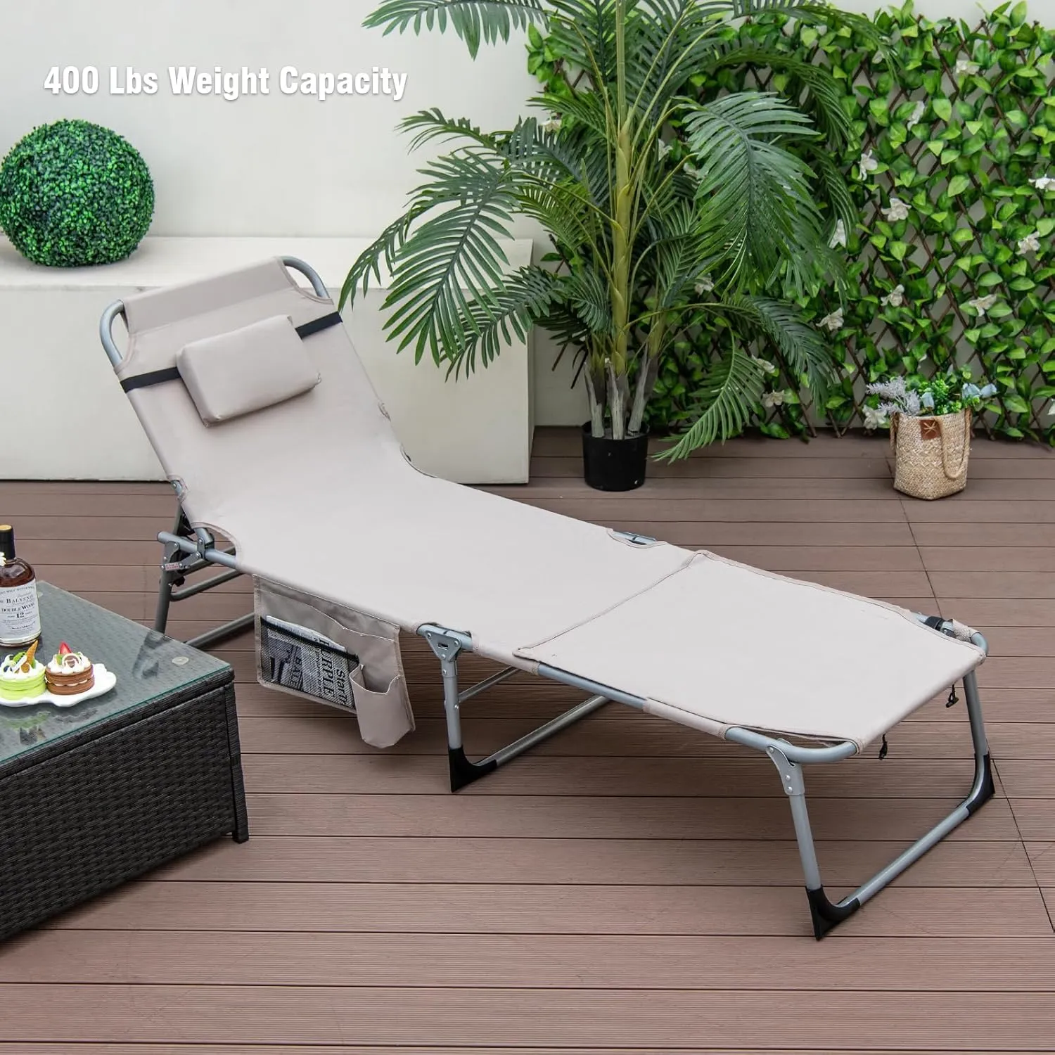 Giantex Tanning Chair, 400Lbs Beach Chair with 5 Adjustable Position, Face & Arm Hole, Hand/Shoulder Strap, Removable Pillow, Side Pocket, Chaise Lounger, Lounge Chair for Sunbathing Outdoor, Beige