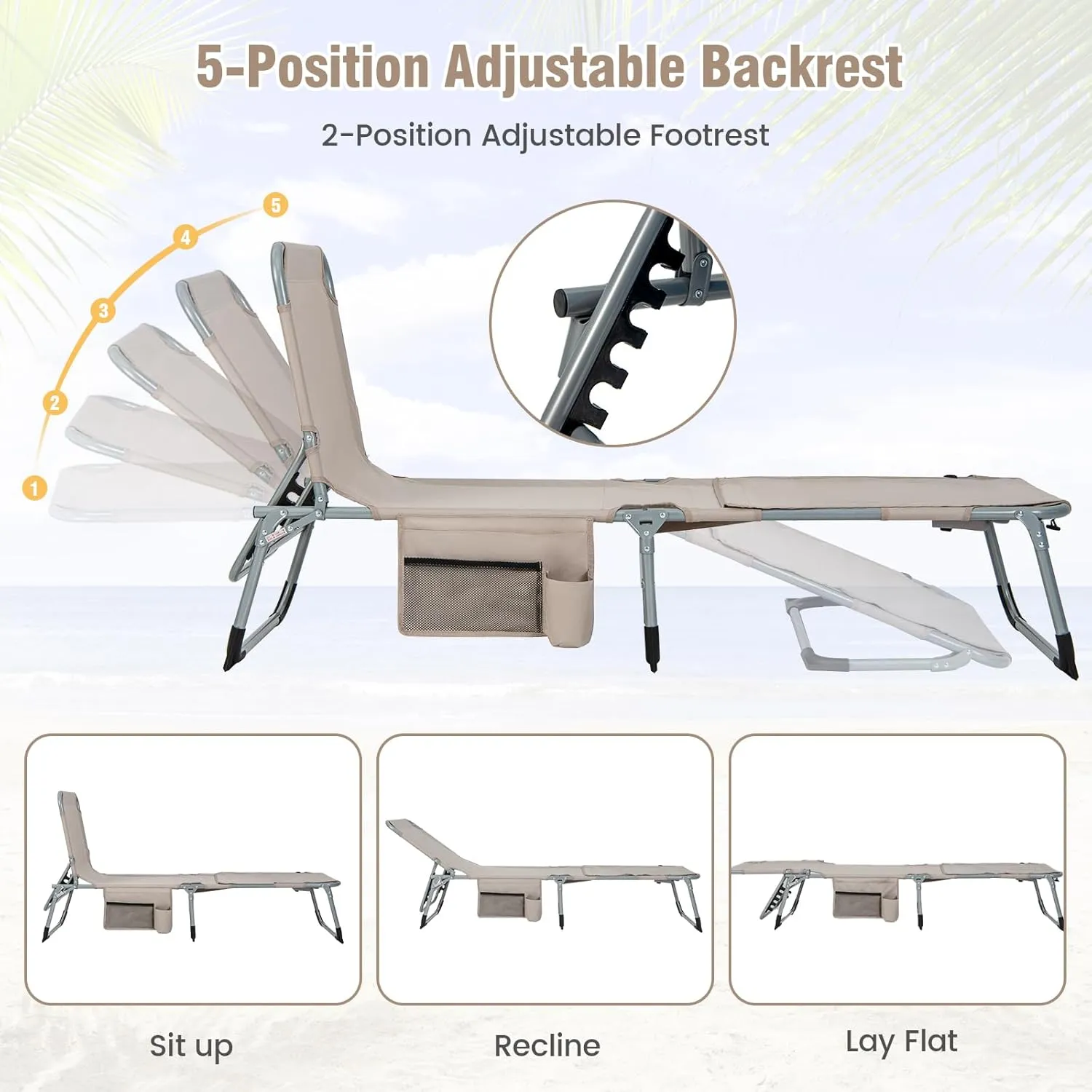 Giantex Tanning Chair, 400Lbs Beach Chair with 5 Adjustable Position, Face & Arm Hole, Hand/Shoulder Strap, Removable Pillow, Side Pocket, Chaise Lounger, Lounge Chair for Sunbathing Outdoor, Beige